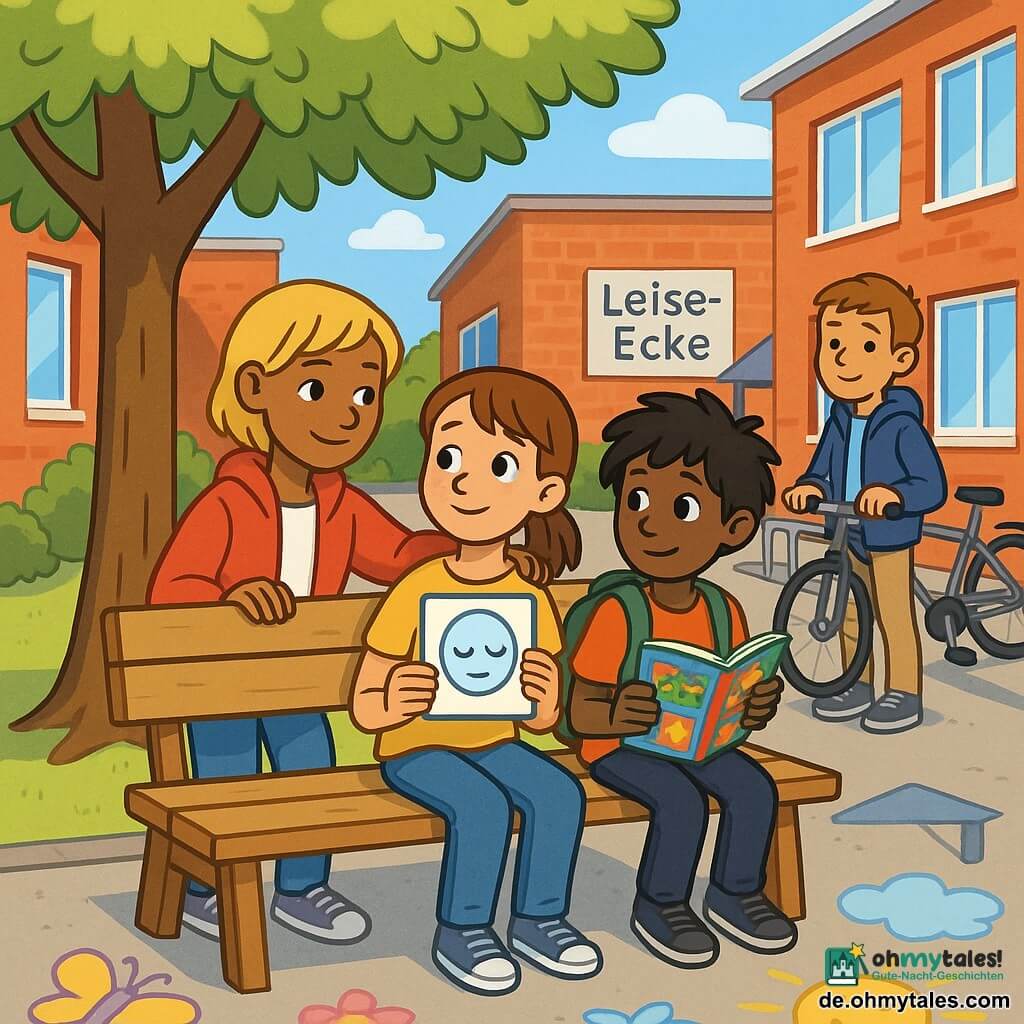 Eine zwölfjährige Mina, ruhig und stolz, mit weichem Gesicht und leichten Sommersprossen, kastanienbraunen mittellangen Haaren im Pferdeschwanz, sitzt schüchtern lächelnd auf einer Holzbank und hält ein laminiertes Schild, neben ihr steht die zwölfjährige Leni, selbstbewusst und beschützend, kurze blonde Haare und rote Jacke, die Hand am Bankrücken und ein ermutigender Blick, ein zehn- bis elfjähriger schüchterner Junge mit zerzausten schwarzen Haaren sitzt vorsichtig neben ihnen und hält einen bunten Comic, im Hintergrund stellt der zwölfjährige Jonas in blauer Jacke ein Fahrrad an einen Metallständer und betrachtet die Szene versöhnlich, Schauplatz ist ein heller Schulhof mit Baum, roter Ziegelwand und Fahrradständer; eingeweiht wird eine „Leise-Ecke“: zwei Mädchen auf der Bank unter dem Baum, laminiertes Schild mit ruhigem Gesichts-Piktogramm, einige respektvolle Kinder im Hintergrund, friedliche und feierliche Atmosphäre.