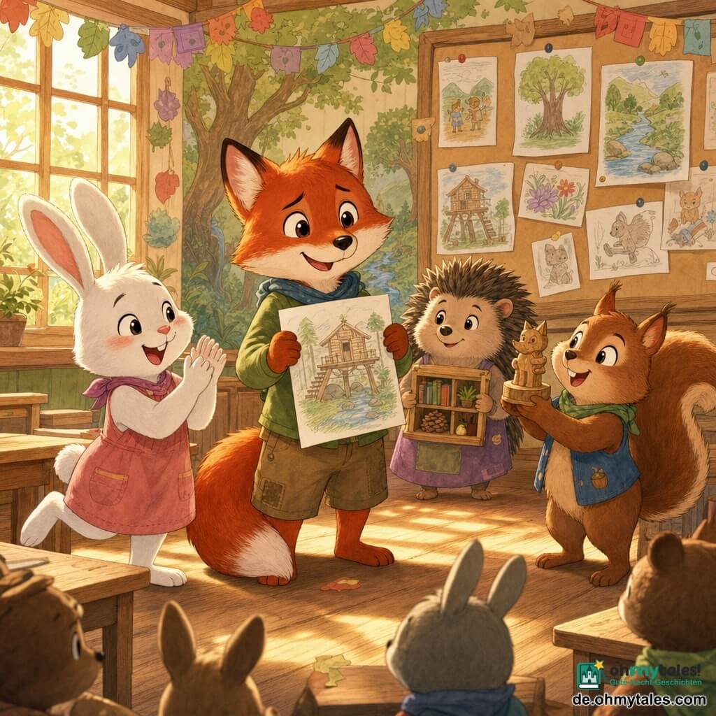 Ein anthropomorpher roter Fuchs steht zentral, glänzendes Fell, leuchtende Augen, schüchtern-selbstbewusstes Lächeln, hält ein handbeschriebenes Blatt mit Zeichnungen und spricht leise vor der Klasse; links der weiße Langohrenhase Hanni klatscht fröhlich und hüpft neben einem kleinen Pult, rechts das braune Eichhörnchen Emil zeigt frech eine Holzfigur, dahinter die kleine Maulwurf- oder Igel-Figur Ida trägt ein Miniaturregal und lächelt unterstützend; Szene in einem hellen Holzklassenzimmer mit Baum- und Bachfresken, bunten Papiergirlanden, Holzbänken und einer Pinnwand mit Bildern, warmes Spätnachmittagslicht durch Sprossenfenster mit goldenen Reflexen, Hauptsituation: Schulprojektpräsentation, Freundschaftliche, warme, bunte Atmosphäre, zentrierte Komposition, pastellige Aquarelltöne, weiche Striche und gut lesbare Ausdrücke.