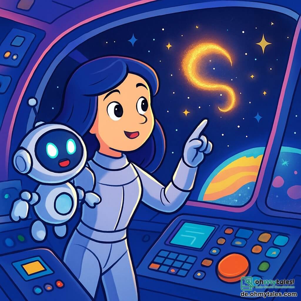 Dr. Luna, eine Frau mit langen, glänzenden Haaren, trägt einen eleganten, futuristischen silbernen Raumanzug. Ihr Gesicht drückt große Neugier und ein leichtes Lächeln aus, während sie ein mysteriöses Leuchten im Weltraum beobachtet. An ihrer Seite schwebt Pico, ein kleiner freundlicher Roboter mit leuchtenden Augen und einem runden Körper, fröhlich und bereit, ihr bei ihrem Abenteuer zu helfen. Die Szene spielt im Cockpit einer großen Raumstation, mit Panoramafenstern, die einen spektakulären Blick auf funkelnde Sterne und einen bunten Planeten darunter bieten. Blinken Bildschirme und bunte Knöpfe umgeben Dr. Luna und verleihen der Umgebung eine technologische Atmosphäre. In dieser Hauptsituation entdecken Dr. Luna und Pico einen faszinierenden Tanz von Lichtern in der Dunkelheit des Weltraums, gefesselt von diesem mysteriösen Phänomen, das sie zum Abenteuer ruft.
