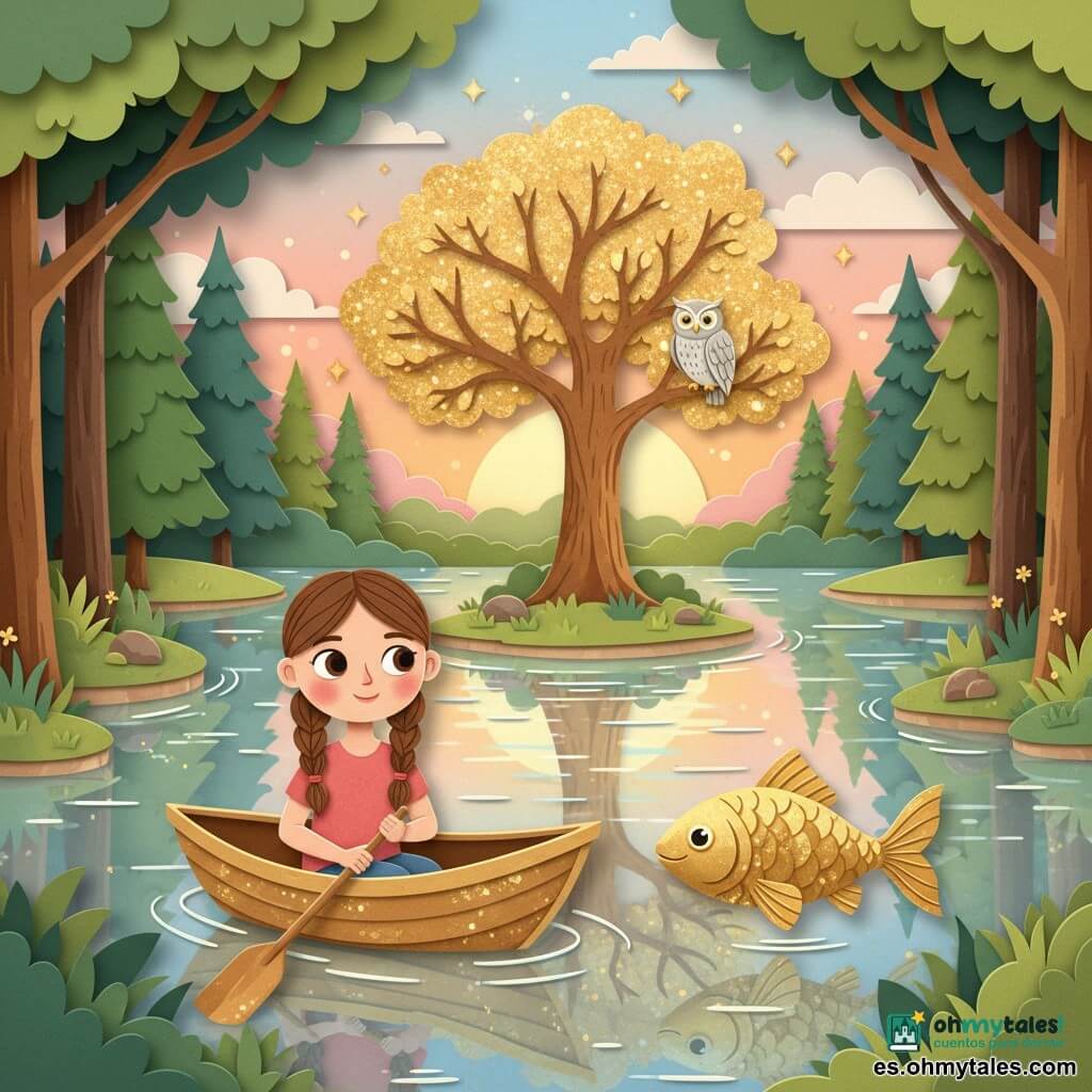 Niña de 8 años, maravillada y sonriente, ojos grandes, cabello castaño en dos trenzas, con vestido azul, rema una barca hecha de hojas doradas; un pez dorado brillante nada junto a la barca con mirada amable y escamas metálicas; un búho de plumas plateadas está posado en el árbol dorado de la isla; el lago es como vidrio bajo un cielo pastel y la escena muestra la barca acercándose a la isla al atardecer con reflejos dorados y estética de papeles recortados, tonos cálidos y contrastes nítidos.