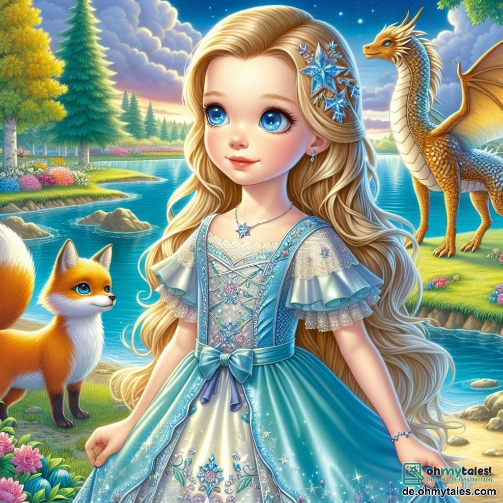 Prinzessin Elara, ein etwa 12-jähriges Mädchen, steht am Ufer eines klaren Sees, ihre langen goldenen Haare wehen sanft im Wind. Sie trägt ein leichtes, blaues Satin-Kleid mit funkelnden Sternenmustern, und ihr Gesicht zeigt Neugier und Staunen. An ihrer Seite ist ihr treuer Begleiter Lumin, ein magischer Fuchs mit goldenem Fell, der aufmerksam das Wasser beobachtet, seine Augen funkeln vor Schalk. Im Hintergrund steht Sirion, ein majestätischer Drache mit glänzenden Schuppen, der die Szene wohlwollend betrachtet. Er hat weise Augen und eine schützende Haltung, bereit, Elara auf ihrem Abenteuer zu leiten. Die Umgebung ist bezaubernd, mit schimmernden Blättern und bunten Blumen am Seeufer, während der Himmel strahlend blau und mit fluffigen Wolken übersät ist. Die Hauptsituation zeigt Elara, bereit, sich der Herausforderung des Drachen zu stellen, entschlossen, ihren Mut zu beweisen und das Geheimnis ihres Schicksals zu entdecken, während das Sonnenlicht auf dem Wasser reflektiert und eine magische, inspirierende Atmosphäre schafft.