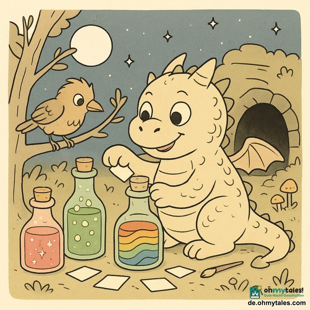 Ein kleiner, pummeliger Drache namens Fips, lächelnd und verschmitzt mit großen runden Augen, weichen Schuppen und kurzen Flügeln, hockt vor einer großen geöffneten Kiste und klebt Etiketten auf verschiedene Fläschchen — ein glitzerndes rosa, ein grünes mit Blasen und ein regenbogenfarbenes mit welligen Mustern — die vor ihm auf dem Boden stehen; ein winziger, neugieriger Waldvogel mit struppigem Gefieder schaut von einem niedrigen Ast zu seiner linken über Fips’ Schulter; im Hintergrund eine runde, einladende Höhleneingang mit sanften Steinen, Laubteppich, Pilzen und Blumen; am Boden liegen verstreute Etiketten, eine Kreide und ein Pinsel; es ist Dämmerung mit einem sternübersäten Himmel und großem runden Mond hinter den Bäumen; Fips etikettiert fröhlich die magischen Fläschchen, die alle harmlos und amüsant wirken, in einer warmen, humorvollen Fantasy‑Atmosphäre.