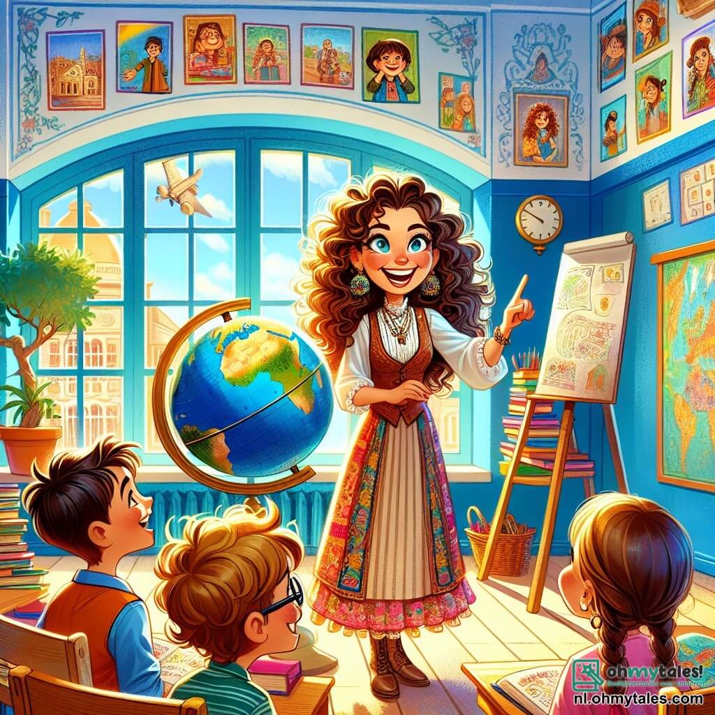 Juf Emma, een blije vrouw met lange krullende haren en een stralende glimlach, staat voor een zwart bord, omringd door kleurrijke boeken en kindertekeningen. Ze toont een grote globe, haar gezicht straalt enthousiasme en passie voor leren uit. Timmy, een 8-jarig jongetje met scheve bril en messy kastanjebruin haar, steekt nieuwsgierig zijn hand op, zittend op een houten stoel, terwijl Lisa, een 7-jarig meisje met vlechten en een bloemenjurk, aandachtig luistert met glinsterende ogen van verwondering. De ruimte is een heldere en kleurrijke klaslokaal, met muren versierd met kindertekeningen, een groot raam dat zonlicht binnenlaat en een wereldkaart aan de muur vol levendige kleuren. De hoofdscène toont Juf Emma die enthousiast uitlegt over de reis die ze naar Egypte gaan maken, terwijl de kinderen, geboeid, zich al de avonturen voorstellen die hen te wachten staan.