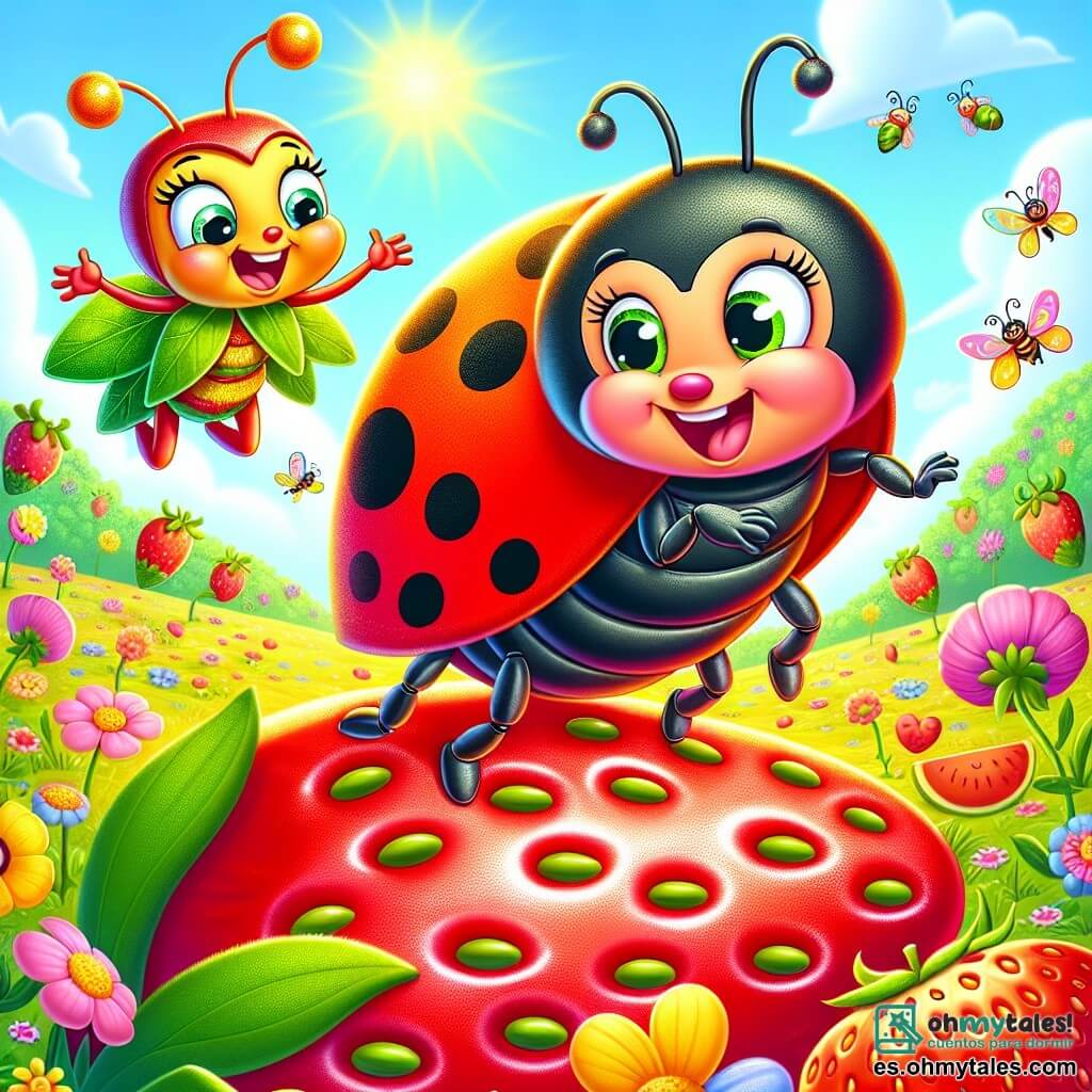 Una mariquita alegre, llamada Lila, con un caparazón rojo brillante salpicado de manchas negras, vuela en el aire con una gran sonrisa y sus ojos brillan de felicidad. A su lado, una pequeña hormiga llamada Ana, con antenas moviéndose y un vestido de hojas, se prepara para saltar sobre una gran fresa, riendo de emoción. Al fondo, un campo colorido lleno de flores brillantes y frutas jugosas, con un gran melón rodando alegremente sobre la hierba verde. La escena muestra a Lila y sus amigos en una carrera de obstáculos, rodeados de risas y alegría, mientras se divierten juntos en un festival primaveral lleno de colores y buen humor.