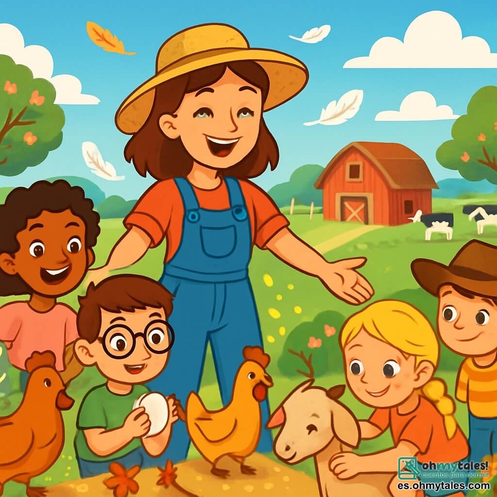 Una mujer agricultora, Clara, sonriente y llena de vida, lleva un overol de mezclilla y un sombrero de paja. Está alimentando a las gallinas, con los brazos abiertos, rodeada de plumas blancas y doradas que vuelan a su alrededor. Junto a ella, un grupo de cuatro niños, dos niñas y dos niños, de aproximadamente 8 años, observan con asombro. La primera niña tiene el cabello rizado y lleva una camiseta rosa, mientras que el segundo niño, con gafas, sostiene un huevo en sus manos. La tercera niña, con trenzas rubias, se agacha para acariciar una cabra, y el último niño, con un sombrero de vaquero, observa las vacas a lo lejos. La escena tiene lugar en una granja soleada, con campos verdes a perder de vista, un cielo azul salpicado de nubes blancas y árboles frutales en flor. En el fondo, se ve un viejo granero rojo y flores coloridas que bordean el camino. La situación principal muestra a Clara y los niños descubriendo la vida en la granja, llenos de alegría y curiosidad, mientras aprenden a cuidar de los animales y a apreciar la belleza de la naturaleza.