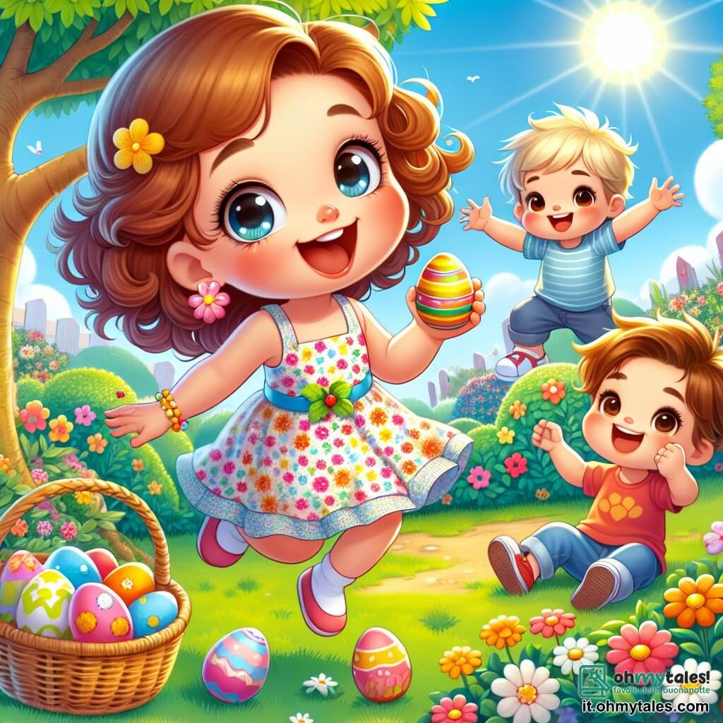 Una bambina di 2 anni, di nome Anna, con grandi occhi brillanti e capelli ricci castani, sta saltando di gioia in un giardino soleggiato, con un grande sorriso sul volto. Indossa un vestito colorato con motivi floreali e tiene un cestino di vimini pieno di uova di Pasqua colorate. Accanto a lei, il suo amico Luca, un ragazzo di 3 anni con capelli biondi e una maglietta blu, è accovacciato vicino a un albero, tenendo un uovo giallo appena trovato, con un'aria orgogliosa ed eccitata. Poco lontano, Mia, una bambina di 2 anni con capelli castani e un vestito rosa, alza le braccia in alto, mostrando un uovo rosso che ha scoperto, il suo volto radioso di felicità. Il giardino è pieno di fiori multicolori, arbusti verdi e un grande albero con fogliame denso, sotto un cielo blu chiaro con alcune nuvole bianche. Al centro dell'immagine, Anna, Luca e Mia sono circondati da uova di Pasqua colorate nascoste nell'erba, mentre un piccolo cartello di legno indica "È l'ora della caccia alle uova!" La scena trasmette un'atmosfera gioiosa e festosa, piena di risate e scoperte.