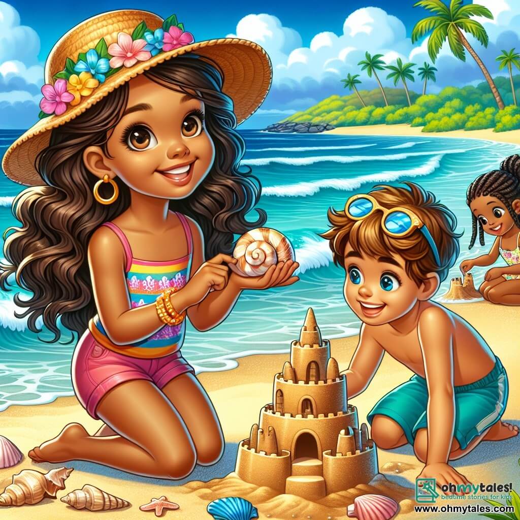 A 10-year-old girl with long brown hair and sparkling curious eyes stands on a golden sandy beach, a big smile lighting up her face. She wears a colorful swimsuit and a straw hat, holding a beautiful spiral-shaped shell in her hand. Next to her, a 9-year-old boy with blonde hair and sunglasses is building a sandcastle, focused and happy. Another child, an 8-year-old girl with braids and a floral top, helps by decorating the castle with seashells. The setting is an idyllic Hawaiian beach, with palm trees swaying gently in the breeze, turquoise waves lapping at the shore, and a bright blue sky dotted with fluffy white clouds. The main scene shows the girl discovering the beauty of the beach and making new friends while enjoying the fun of building a magnificent sandcastle, a symbol of friendship and adventure.