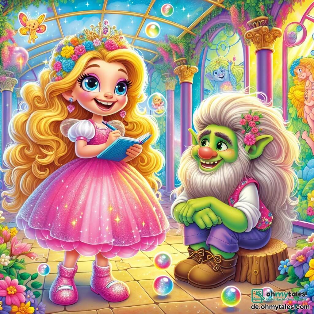 Eine fröhliche Prinzessin namens Lila mit langen, lockigen, goldenen Haaren trägt ein glitzerndes rosa Kleid und glitzernde Schuhe. Sie hat ein strahlendes Lächeln und funkelnde Augen vor Aufregung, während sie in einer Hand ein Notizbuch und in der anderen ein magisches Kissen hält. Neben ihr steht Trolldolf, ein freundlicher Troll von etwa 30 Jahren mit grüner Haut und sanften Augen, der eine große Schürze mit Blumen trägt. Er hockt sich mit einer riesigen Gießkanne und schaut Lila bewundernd an. Der Hintergrund ist ein verzauberter Pavillon mit buntem Glas, erleuchtet von Sonnenstrahlen, die Regenbögen in der Luft erzeugen. Bunte Blumen und Seifenblasen schweben umher und verleihen der Atmosphäre einen Hauch von Magie. Die Hauptsituation zeigt Lila, die eine Karte der verzauberten Düfte zeichnet, umgeben von kleinen, lachenden Feen, die um sie herumfliegen, während ein süßer Duft von Vanille und Karamell in der Luft liegt.