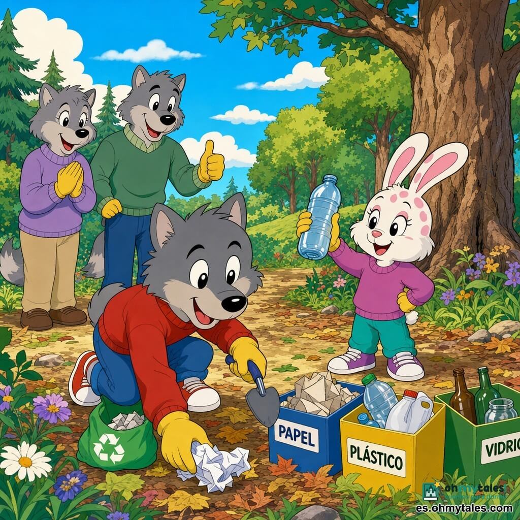 Personaje principal: un pequeño labo antropomorfo de pelaje gris suave, ojos grandes y brillantes, expresión curiosa y alegre, agachado recogiendo un papel arrugado con una pequeña pala y una bolsa de reciclaje. Personaje secundario: su hermanita coneja de pelaje blanco con manchas rosas, sonrisa traviesa, de pie junto a él mostrando una botella de plástico vacía. Padres lobo: adultos bondadosos con ropa cálida y sencilla (jerséis de lana), sonrientes en segundo plano junto a un árbol animando a los niños. Lugar: un claro soleado del bosque con suelo cubierto de hojas, troncos texturizados, flores silvestres y un sendero de tierra bajo un cielo azul con algunas nubes. Situación: la familia limpia el claro de forma cooperativa, con pequeñas pilas de residuos separados en cajas de cartón de colores etiquetadas «papel», «plástico», «vidrio», ambiente cálido y optimista; composición centrada en el pequeño lobo recogiendo el papel.
