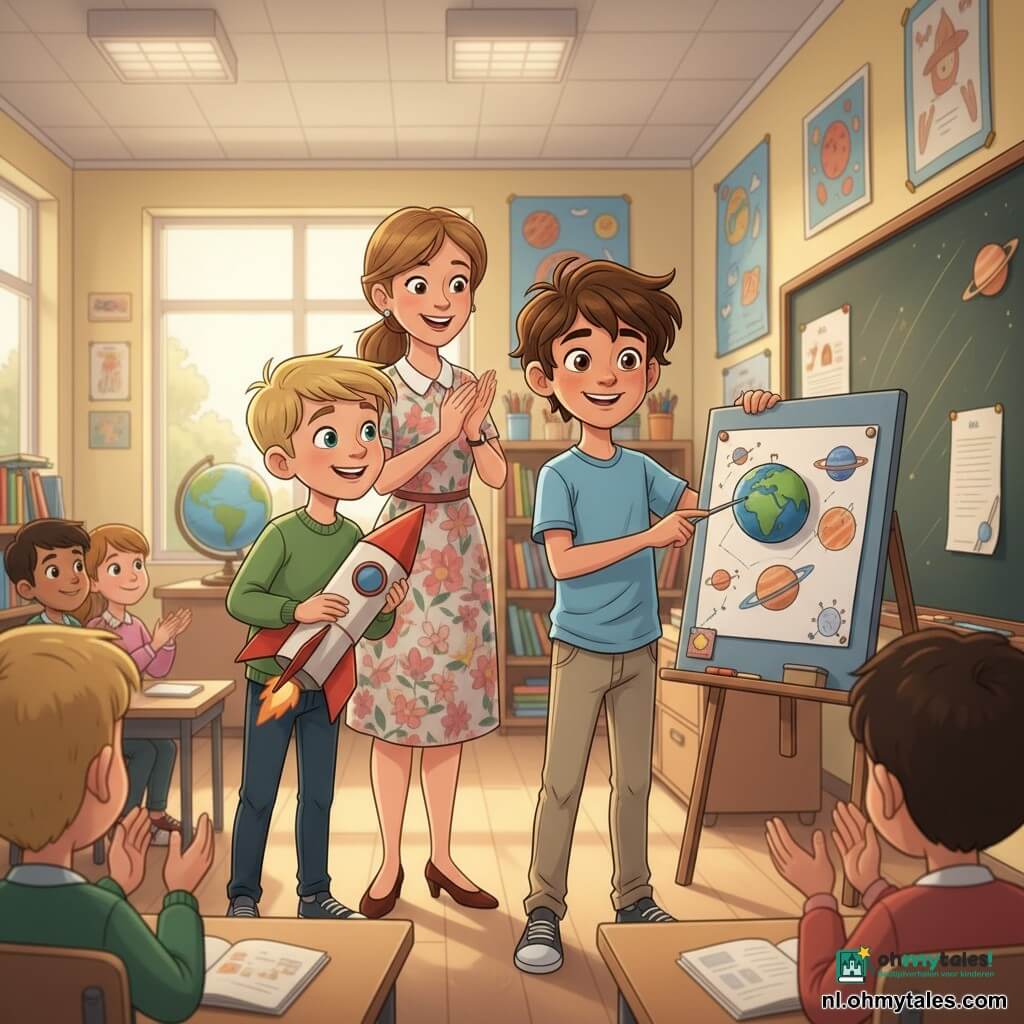 Max, een stralende zelfverzekerde jongen van 8 jaar met warrig bruin haar en hazelnootkleurige ogen, draagt een hemelsblauw t-shirt en beige broek en houdt een kleurrijk schoolbord vast terwijl hij met zijn vinger naar een tekening van een planeet wijst met een kleine Aarde-model eraan vastgemaakt; links staat Sam, ook ongeveer 8, glimlachend en vertrouwelijk, met kort blond haar en een groen sweater, licht naar Max toegekeerd terwijl hij een rood-witte kartonnen raket vasthoudt; juf Lisa, rond de 30–40 jaar met lichtbruin haar in een paardenstaart en een fleurige jurk, staat achter de jongens bij het bord en klapt, in een lichte klas met bleege gele muren, grote ramen, boeken- en kleurkrijtjesrekken, planetenposters en een groot globe op een tafel; op de achtergrond zitten vage klasgenoten aan tafels en klappen, sfeer vrolijk en warm terwijl de jongens hun project over de ruimte presenteren.