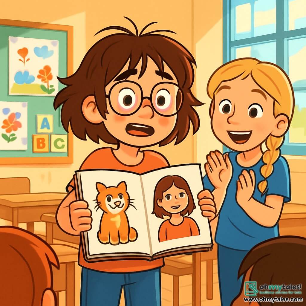 A 10-year-old girl, Sophie, stands at the center of the stage with messy brown hair and round glasses. She has an expressive face, with rosy cheeks and bright eyes, showing a mix of nervousness and excitement. She holds a large open sketchbook in front of her, displaying her colorful drawings of her cat and her teacher. Next to her, her best friend Emily, also 10 years old, has braided blonde hair and an encouraging smile. She enthusiastically claps, standing slightly back to support Sophie. The setting is a bright classroom, with walls decorated with children's drawings and windows letting in sunlight. Colorful posters of letters and numbers adorn the walls, and wooden desks are arranged in rows. The main situation shows Sophie, a bit hesitant but determined, ready to share her drawings with the class, while her classmates listen with curiosity and kindness.