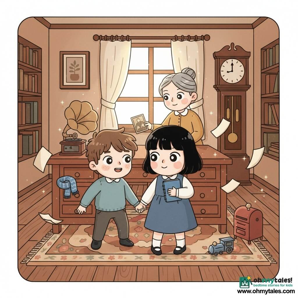 A 12-year-old girl, curious and amazed, with straight black bob hair, fair skin and big bright eyes, holds a boy’s hand tightly and clutches a small blue notebook to her chest, standing center stage, leaning forward as if the floor shifted; a boy around 12, excited and a little nervous, with tousled chestnut hair and faint freckles, grins broadly and looks around, holding the girl’s hand on her left; a kindly, mysterious woman of about 50, Mrs. Pell, with gray hair in a bun and a simple mustard dress, stands by a large wooden desk behind the children and gently offers them an old photograph; the scene is a warm, wood-paneled study with wide plank floors, a worn floral rug, shelves of books, a dark wooden longcase clock with a cream dial and black hands, a window with a light curtain letting in a golden ray, and scattered antiques (gramophone, blue scarf, mailbox, toy metal train); the moment the clock chimes transports the children to the past — the air seems to sparkle, the light shifts, pages of the blue notebook float slightly, their faces full of wonder; soft atmosphere, warm colors (brown, ochre, soft blue) and sharp contrasts in a minimal kawaii style.