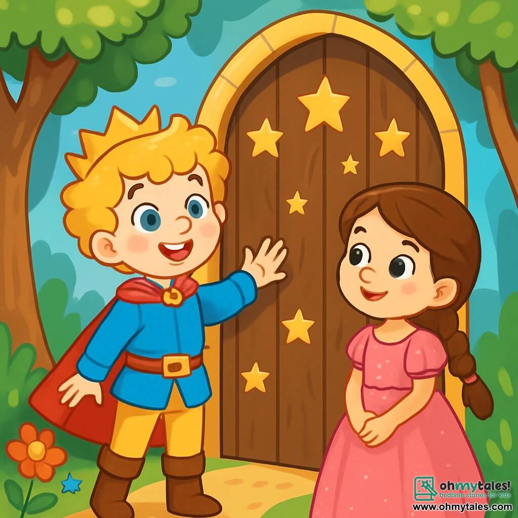 A young prince, about 10 years old with curly blonde hair and sparkling eyes full of curiosity, stands in front of a large wooden door adorned with star patterns. His face radiates excitement and wonder as he reaches out to the door, ready to open it. Beside him is a small princess, 9 years old with long braided brown hair and a sparkling pink dress, looking at the door with bright eyes of anticipation. She smiles, full of courage, slightly stepping back and watching the prince with admiration. The setting is an enchanted forest, with majestic trees and vibrant green leaves reaching towards the blue sky. Colorful flowers dot the ground, and a soft ray of sunlight filters through the branches, illuminating the scene with a golden light. The main situation shows the prince and princess in front of the mysterious door, ready to discover the magical world that lies beyond. The tension and excitement are palpable as they prepare to step into the unknown, hand in hand.