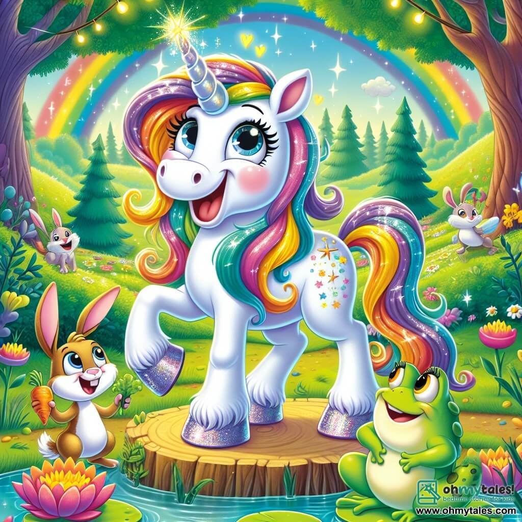 In the center of the image, a beautiful unicorn named Sparkle, with a sparkling rainbow mane and a shiny white body, is joyfully laughing. Her eyes shine with excitement and her bright smile shows she is full of life. She stands on her front legs, ready to tell a joke to her friends. To her right, Benny the Bunny, a small rabbit with big ears and light brown fur, hops cheerfully. He has a mischievous look on his face, holding a carrot in his front paws, ready to make the crowd laugh. On the left, Tilly the Toad, a green frog with yellow spots, is perched on a lily pad. She is smiling widely, her eyes sparkling with mischief, waiting for her turn to tell a joke. The setting is an enchanted clearing in Gigglewood, with colorful tree trunks gently swaying in the wind, brightly colored flowers that seem to smile, and a sparkling pond where bubbles of laughter float on the surface. The main scene shows Sparkle, surrounded by her friends, telling a joke while the other animals laugh heartily, creating a joyful and magical atmosphere.