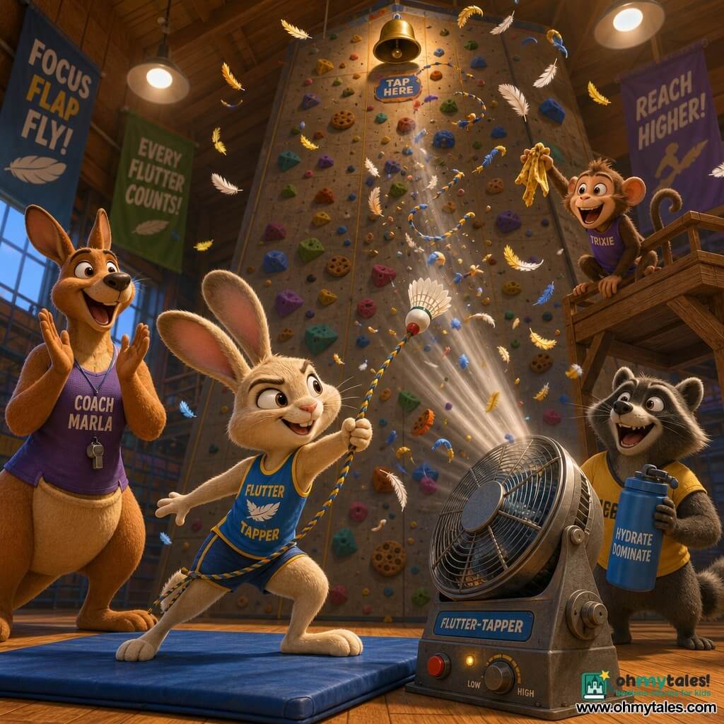 Basil, an anthropomorphic rabbit with long floppy ears and cream fur, looks focused and mischievous as he stands on a blue gym mat ready to pull a rope with a feathered badminton shuttlecock attached; Coach Marla, a muscular copper-brown kangaroo with a visible pouch and a silver whistle, applauds in surprise to the left; Jax, a playful dark-gray raccoon, laughs in the right background holding a large water bottle; Trixie, a small lively monkey on a platform, holds a crumpled banana peel and reacts with a delighted exclamation; a very tall climbing wall with colorful holds (rock shapes and some cookies), a small “TAP HERE” sticker and a metal bell at the top fills the scene; warm indoor lighting, wooden plank floor and motivational posters overhead; the instant Basil activates his “flutter-tapper” as a large fan blows upward, creating visible feather motion, suspended rope confetti, and a joyful, bright, vivid-color smooth 3D animation look.