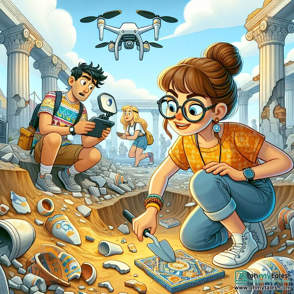 A female archaeologist, Dr. Lucy Bennett, in her thirties with brown hair in a bun and glasses, is crouched in an excavation, her face lit up with excitement and focus. She wears a beige shirt and cargo pants, holding a trowel as she carefully uncovers pieces of ancient pottery. Next to her, a 20-year-old boy, Amir, with messy black hair and a colorful t-shirt, operates a drone above them, curiously observing the site. Further away, a 25-year-old woman, Maria, with blonde hair and a magnifying glass, examines fragments of mosaic, her expression delighted. The location is an ancient Roman market, featuring gray stone ruins, collapsed columns, and scattered colorful mosaic shards on the ground. The main scene shows Lucy and her team discovering buried treasures, surrounded by dust and golden light, with a palpable sense of adventure and mystery in the air.