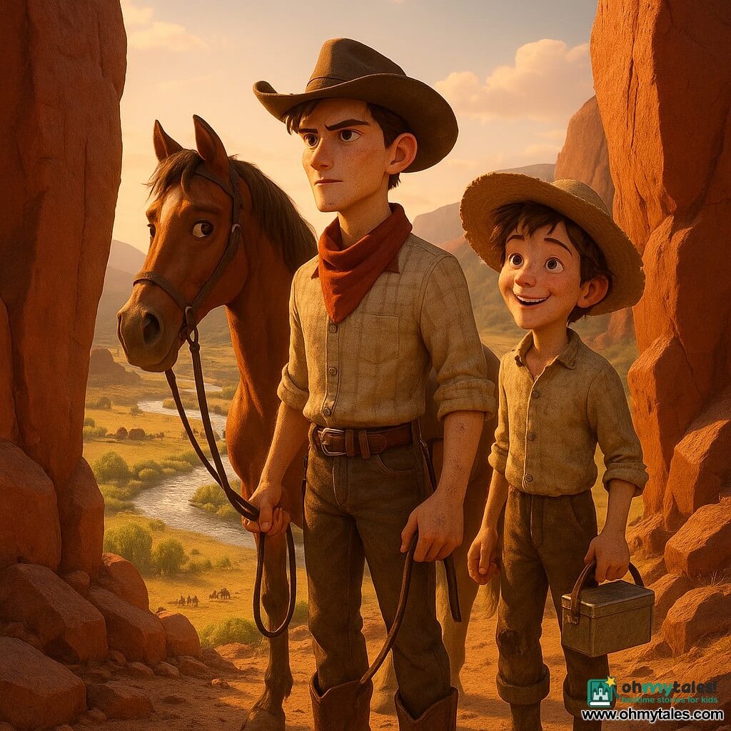 Main character — 16-year-old boy, Cal Mercer, determined relieved expression, angular dusty face, worn cowboy hat, beige plaid shirt, red bandana, leather boots, holding reins of a chestnut horse and looking down at the valley, upright confident posture; Secondary character — ~15-year-old Milo Crane, mischievous smile, tousled hair under a straw hat, mud-stained shirt and boots, standing slightly behind Cal to his right, holding a metal biscuit tin and a horse lead, lightly dust-covered; Location — Split Rock Pass, two large red monoliths framing a narrow rocky trail, wind lifting dust ribbons, below a silver Coyote Creek lined with green willows and yellow meadows, small fences and distant ranch silhouettes; Main situation — the boys atop a ridge watch men from two ranches working side by side by the creek in a palpable mood of reconciliation, golden evening light, long shadows, wide composition contrasting red rock and shining water.