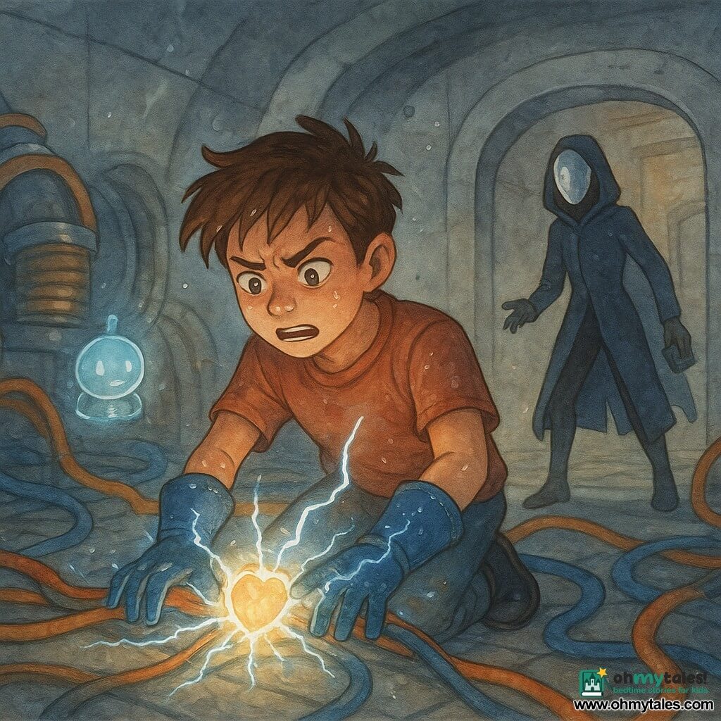 Jace, a determined, breathless boy with tousled brown hair, kneels with storm-blue gloves stitched in silver emitting an electric glow as he presses his palms to a junction of glowing cables, forming a ring of energy to stabilize a white-blue solar core; Mirrorbyte, a masked slim girl in a dark coat, steps back toward a door, nervous but proud, clutching a small black device; a pale-cyan round holographic assistant (PIP) hovers by Jace’s wrist displaying code and a blinking signal; they are in the HelioVault, a vast underground circular chamber of smooth concrete, giant metal coils, glowing magnetic rings, and thick orange-and-blue cables leading to a central magnetic cage, while Jace redirects a dangerous light surge—sparks and light smoke, stark contrasts between the core’s glow and shadowed machines—creating a heroic, urgent atmosphere.