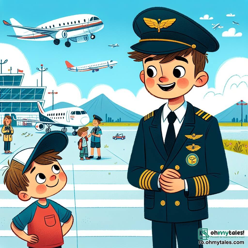Un bărbat, pilotul Petru, stă pe pista unui aeroport, îmbrăcat într-o uniformă de pilot albastră închisă cu o șapcă decorată cu un insigne auriu. Fața lui este zâmbitoare și radiază mândrie, iar părul său castaniu este ușor zburlit de vânt. Ține în mână o machetă de avion, în timp ce cealaltă mână este ridicată în salut. Lângă el se află Alex, un băiat de 10 ani cu părul castaniu și ochi strălucitori de curiozitate. Poartă un tricou roșu și o pereche de pantaloni scurți albaștri, privindu-l pe Petru cu admirație, cu brațele încrucișate pe piept, ca și cum ar absorbi fiecare cuvânt al pilotului. Fundalul arată un aeroport animat, cu avioane de diferite dimensiuni parcate pe pistă, nori albi plutind pe un cer albastru strălucitor și membri ai personalului aeroportuar ocupându-se de diverse activități. Situația principală a poveștii îi arată pe Petru și Alex în plină conversație, unde Petru împărtășește poveștile sale de zbor, captivându-l pe Alex cu relatările sale despre aventuri aeriene, în timp ce soarele strălucește și excitația aeroportului îi înconjoară.