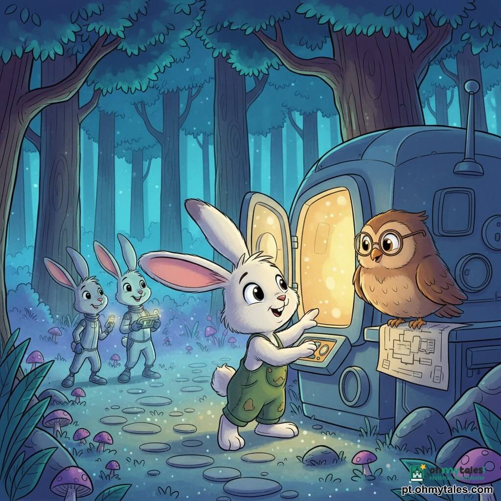 O protagonista é um pequeno coelho branco chamado Rufus, de expressão maravilhada, tocando o painel metálico brilhante da sua máquina do tempo enquanto veste uma jardineira verde manchada de óleo; a coruja Sofia, uma ave marrom e redonda com óculos redondos, pousa na borda da máquina sobre um esquema e olha para Rufus; dois jovens coelhos do futuro, vestidos de prata e segurando pequenos dispositivos luminosos, observam a alguns metros entre árvores brilhantes; a cena ocorre numa clareira noturna de uma floresta futurista com troncos escuros e folhas luminescentes turquesa e violeta, névoa prateada ao chão, e a porta da máquina aberta emitindo uma luz dourada, criando uma atmosfera mágica, segura e de descoberta.