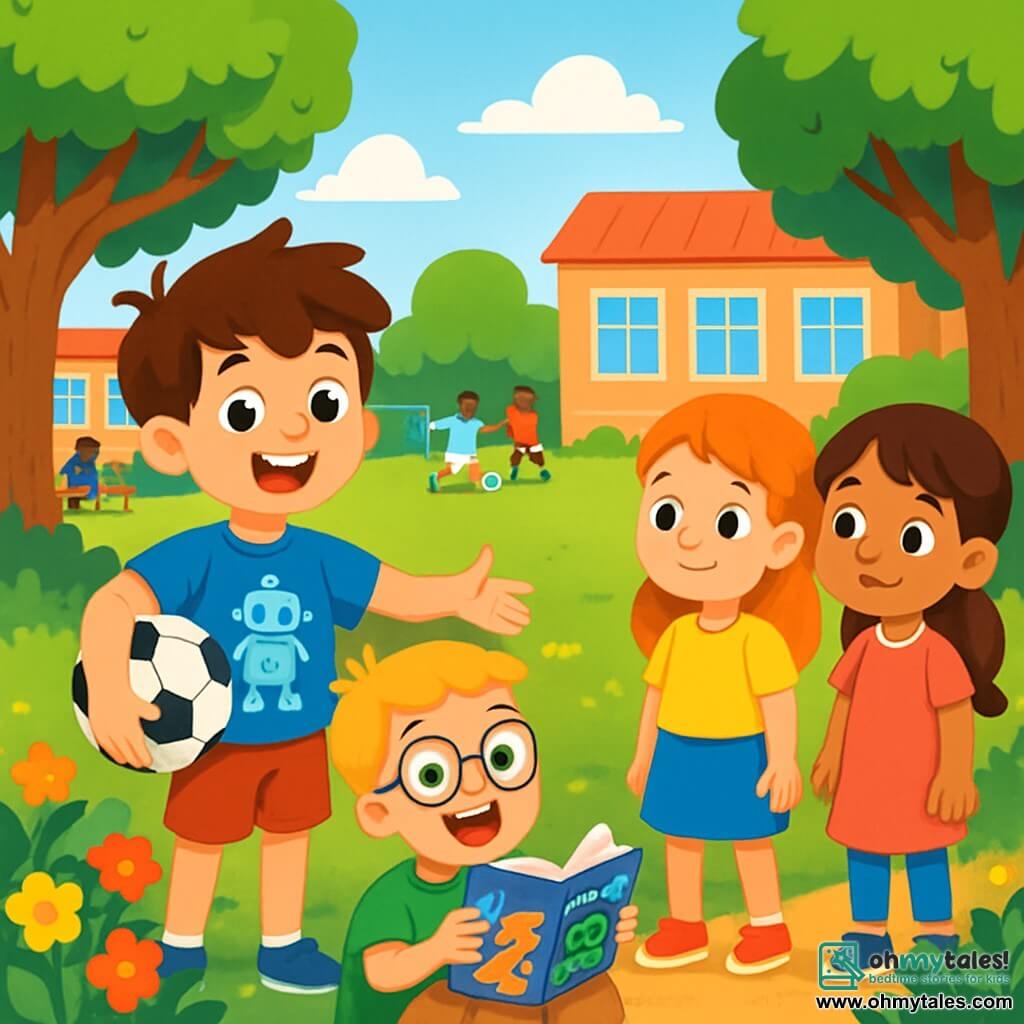 There are 2 main characters: Alex, a 7-year-old boy with messy brown hair, wearing a blue t-shirt with a robot design and red shorts. He is standing, smiling, with a soccer ball under his arm. Sam, also a 7-year-old boy with blonde hair and round glasses, is dressed in a green t-shirt and beige pants. He is sitting on the grass, holding a book about explorers, with an enthusiastic look. The setting is a sunny schoolyard surrounded by tall green trees and colorful play equipment. Children are playing soccer on a grassy field while others sit on wooden benches. Colorful flowers line the path, adding a cheerful touch to the environment. The main scene shows Alex and Sam inviting girls to join their soccer game. Alex, with a big smile, reaches out to a group of girls who are watching curiously, while Sam, sitting on the grass, enthusiastically encourages them. The atmosphere is joyful and energetic, illustrating the importance of inclusion and equality.