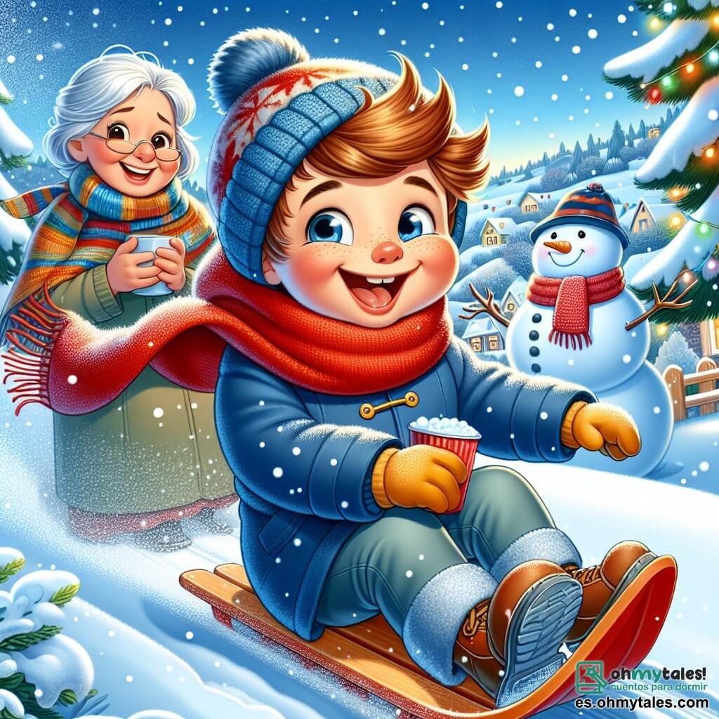 Un niño de 5 años llamado Lucas, con cabello castaño y mejillas sonrosadas, ríe a carcajadas mientras desliza por un trineo rojo brillante en la cima de una colina nevada. Lleva un abrigo azul, una bufanda roja y guantes amarillos, y su rostro expresa una alegría contagiosa. Cerca de él, su abuela, la dulce Madame Rosa, de aproximadamente 65 años, observa con una sonrisa benevolente. Tiene el cabello plateado, un chal colorido sobre los hombros y sostiene una taza de chocolate caliente, mientras se encuentra junto a un gran muñeco de nieve que construyeron juntos. El escenario es un paisaje invernal mágico, con árboles cubiertos de nieve brillante, copos de nieve cayendo suavemente del cielo azul claro y luces de colores decorando las casas de fondo. La escena representa a Lucas divirtiéndose en su trineo, rodeado del amor de su abuela, capturando la magia y la alegría de un día de invierno perfecto.