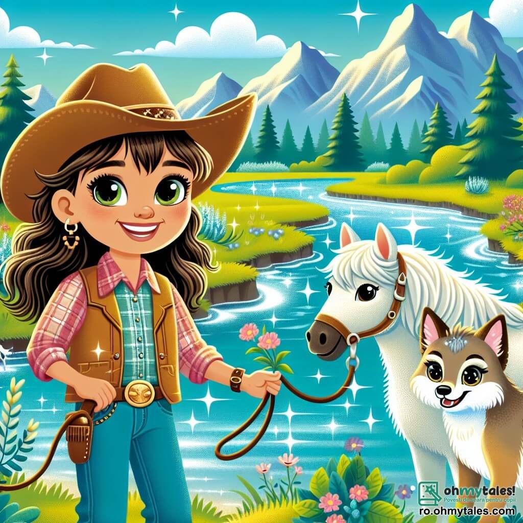 O fată cowboy pe nume Mia, o tânără de aproximativ 10 ani cu părul lung și brunet și un zâmbet mare, poartă o pălărie mare de cowboy și o cămașă în carouri. Ea stă pe marginea unui pârâu strălucitor, cu ochii plini de entuziasm, ținând de mână calul ei, Stea, un cal alb magnific cu o coamă ondulată. Lângă ei, Cody, un coyote prietenos cu ochi sclipitori, îi privește cu curiozitate, cu coada tremurând de entuziasm. Peisajul este o pajiște verde, presărată cu flori colorate, cu munți majestuoși în fundal sub un cer albastru strălucitor. Pârâul șerpuiește ușor prin peisaj, reflectând lumina soarelui. Mia, Stea și Cody descoperă împreună un pârâu magic, unde apa strălucește ca diamantele, iar Mia ține o hartă veche care indică locul unui tezaur ascuns, plină de bucurie și anticipare pentru aventura ce urmează.