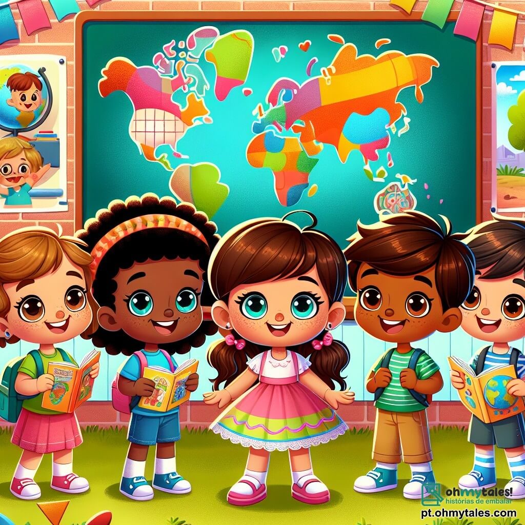 Em um pátio escolar colorido, quatro crianças estão juntas, radiantes de alegria. Clara, uma menina de sete anos com cabelos cacheados castanhos e olhos brilhantes, usa um vestido rosa e desenha um grande mapa-múndi em um quadro. Ela está no centro, sorridente, cercada por seus amigos. Miguel, um menino de sete anos com cabelos curtos e negros e pele morena, usa uma camiseta azul. Ele segura um livro de histórias e olha para Clara com admiração. Yasmin, uma menina de sete anos com cabelos longos e negros trançados e pele caramelo, veste uma saia colorida. Ela dança alegremente ao lado de Tomás, acrescentando movimento à imagem. Tomás, um menino de sete anos com cabelos castanhos e sardas, usa uma camiseta verde. Ele toca música com um pequeno tambor, ao lado de Yasmin. O pátio da escola é decorado com bandeiras de diferentes países, flores coloridas e desenhos de crianças pendurados nas paredes. O céu é azul e ensolarado, criando uma atmosfera alegre e acolhedora. A cena principal mostra as crianças se preparando para uma grande festa para celebrar a diversidade cultural, unindo seus talentos e ideias para criar um espetáculo colorido e harmonioso, simbolizando a amizade e o respeito entre todos os povos.