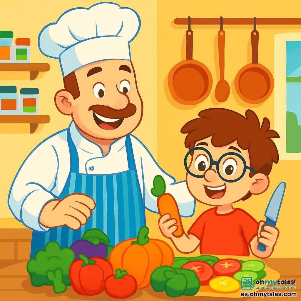 Un chef cocinero, un hombre de unos cuarenta años, con una gran sonrisa cálida y un gorro blanco alto en la cabeza, se encuentra frente a una gran mesa de madera llena de verduras coloridas. Lleva un delantal a rayas y parece alegre y entusiasta, con los ojos brillantes de creatividad. A su lado, un niño de 10 años, Lucas, con el cabello castaño revuelto y gafas redondas, observa con asombro los ingredientes. Sostiene una zanahoria en una mano y un cuchillo de plástico en la otra, listo para ayudar. La escena tiene lugar en una cocina luminosa y acogedora, con paredes pintadas de amarillo y estanterías llenas de tarros de especias coloridas. Ollas brillantes cuelgan sobre ellos, y una ventana deja entrar la luz del sol, iluminando la habitación. En esta situación, Tomás y Lucas están preparando un plato especial para la ciudad, mezclando alegremente las verduras, mientras risas y aromas deliciosos llenan el aire.