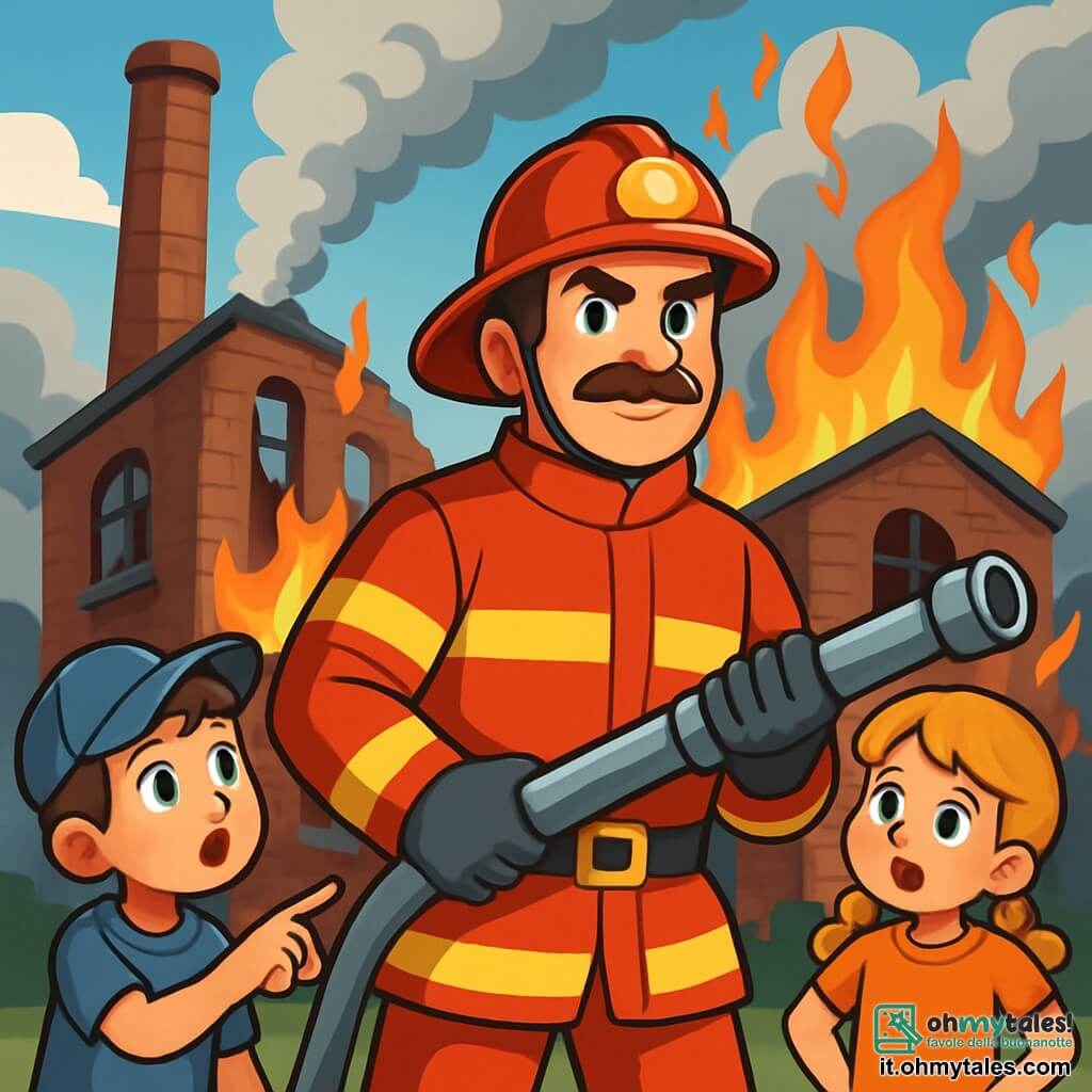Un pompiere coraggioso, un uomo di circa 35 anni, con una baffi castani e occhi brillanti di determinazione, si trova fermo davanti a una vecchia fabbrica in fiamme. Indossa una tuta rossa vivace, un casco lucido e tiene una grande lancia antincendio, con il viso segnato dalla concentrazione e dal coraggio. Nelle vicinanze, due bambini, un ragazzo di 10 anni di nome Luca con capelli castani e un cappellino blu, e una ragazza di 9 anni di nome Sofia con trecce bionde, guardano con ammirazione. Luca, con gli occhi spalancati, punta il dito verso le fiamme, mentre Sofia, con le mani sui fianchi, mostra un'espressione di curiosità. Il luogo è una vecchia fabbrica abbandonata, con muri di mattoni anneriti dal fumo, finestre rotte e fiamme arancioni che danzano nell'aria. La scena è piena di nuvole di fumo grigio che si alzano verso il cielo blu, creando un contrasto sorprendente. La situazione principale mostra il pompiere che combatte il fuoco con coraggio, mentre i bambini, affascinati, osservano l'azione, testimoniando lo spirito eroico del pompiere.