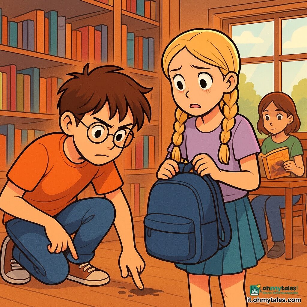 Un ragazzo di dodici anni, Matteo, con capelli castani disordinati e occhiali rotondi, mostra una forte determinazione. È inclinato in avanti, osservando attentamente una piccola macchia di fango sul pavimento della biblioteca. Accanto a lui, una ragazza della sua età, Sofia, con capelli biondi intrecciati e un'espressione preoccupata, tiene uno zaino blu, guardando Matteo con occhi pieni di rimorso. Sullo sfondo, Chiara, un'altra ragazza di dodici anni, è seduta su una sedia, sfogliando un libro d'avventura, con un'espressione curiosa. La scena si svolge in una biblioteca accogliente, con scaffali in legno pieni di libri colorati, tavoli in legno e grandi finestre che lasciano entrare la luce morbida del pomeriggio. La situazione principale mostra Matteo, il giovane detective, mentre scopre un mistero esaminando la macchia di fango, mentre Sofia, visibilmente nervosa, si prepara a rivelare il suo segreto.