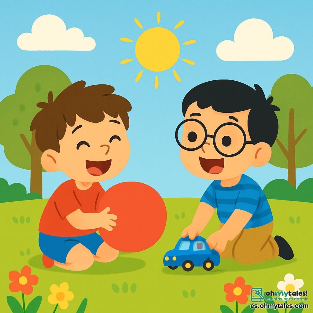 Hay 2 personajes principales: Hugo, un niño de 6 años con cabello castaño desordenado y ojos brillantes, que lleva una camiseta roja y un pantalón corto azul, sentado en la hierba sosteniendo una gran pelota roja; y Diego, un niño de 6 años con cabello negro y gafas redondas, que viste una camisa a rayas azules y pantalones beiges, y está al lado de Hugo sosteniendo un pequeño coche azul. La escena se desarrolla en un parque soleado lleno de flores coloridas y árboles verdes, con un cielo azul claro y algunas nubes blancas. La situación muestra a Hugo y Diego jugando juntos, riendo y divirtiéndose, mientras Hugo lanza la pelota roja y Diego empuja su coche azul a toda velocidad, creando un momento de alegría y amistad bajo el sol brillante.