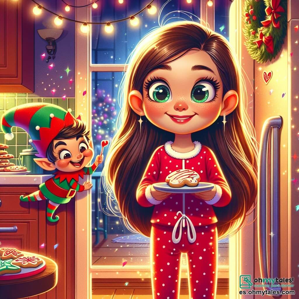 Una niña de 8 años, con largos cabellos castaños y ojos llenos de curiosidad, se encuentra en el centro de la cocina. Lleva un pijama rojo con lunares blancos y una amplia sonrisa en su rostro, mostrando su emoción. A su lado, un duende travieso, Pipo, con un pequeño cuerpo verde y rojo, orejas puntiagudas y una sonrisa pícara, se esconde detrás del refrigerador, riendo suavemente. La cocina es acogedora, decorada con guirnaldas luminosas y adornos navideños, con un gran plato de pasteles de Navidad sobre la mesa. La niña, sosteniendo una galleta decorada, mira al duende con asombro, mientras confetis brillantes flotan a su alrededor, creando una atmósfera mágica y alegre.