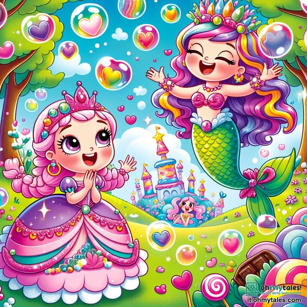 La principessa Ciliegina, una giovane con i capelli rosa intrecciati, sorride con meraviglia, gli occhi scintillanti di gioia. Indossa un vestito di caramelle multicolori che brillano sotto il sole. Accanto a lei, una sirena dalle squame lucenti di tutti i colori, con lunghi capelli ondulati, canta gioiosamente, le braccia alzate verso il cielo. Sembra avere circa 10 anni e fluttua nell'aria, circondata da bolle di sapone. Lo scenario è la Foresta dei Pastrocchi, un luogo magico dove gli alberi hanno tronchi di cioccolato e foglie di zucchero d'orzo. Fiori danzano intorno a loro, con petali a forma di cuore. La scena principale mostra la principessa e la sirena che ridono insieme, mentre bolle di sapone scoppiano attorno a loro, creando un'atmosfera gioiosa e ludica.