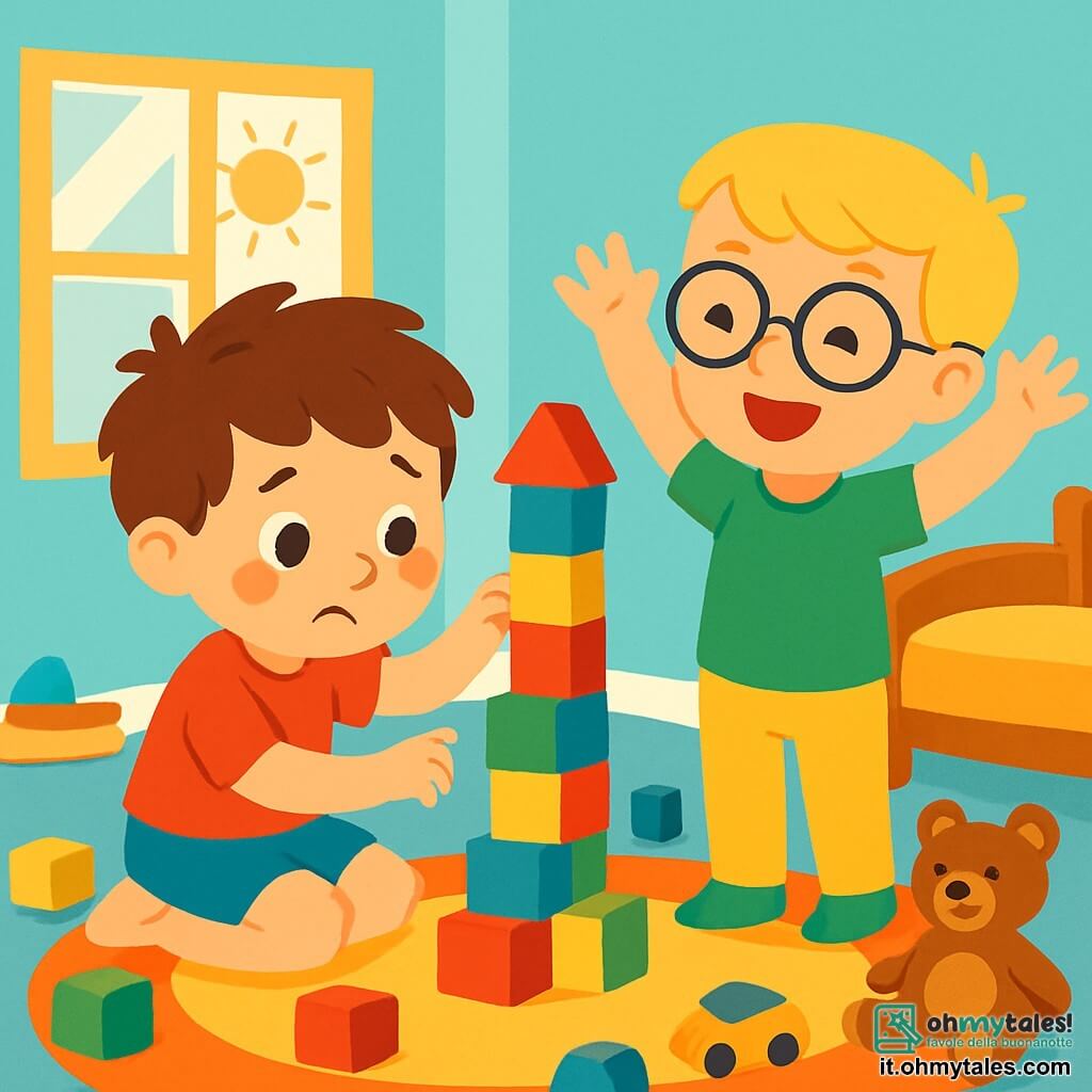 Ci sono 2 personaggi principali: - Luca: un ragazzo di 5 anni, con capelli castani disordinati e occhi brillanti. Indossa una maglietta rossa e pantaloni corti blu. È seduto a terra, circondato da blocchi colorati, con un'espressione concentrata. - Tommi: un ragazzo di 5 anni, con capelli biondi e occhiali rotondi. Indossa una maglietta verde e pantaloni gialli. È accanto a Luca, sorridente e alzando le mani per aiutare a costruire la torre. La scena si svolge in una cameretta luminosa, con pareti dipinte di azzurro chiaro e tappeti colorati. Ci sono giocattoli sparsi per il pavimento e una grande finestra che lascia entrare la luce del sole, creando un'atmosfera gioiosa e accogliente. La situazione principale mostra Luca e Tommi che costruiscono una grande torre di blocchi. Luca, un po' triste dopo che la sua prima torre è caduta, inizia a sorridere vedendo Tommi incoraggiarlo. I blocchi sono di tutti i colori: rosso, giallo, blu e verde, e la torre cresce sempre di più, simboleggiando la loro amicizia e la gioia di giocare insieme.