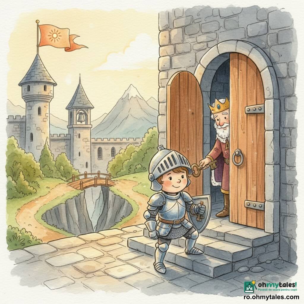 Un băiețel cavaler, erou curajos dar timid, cu față rotundă, zâmbet blând, coif puțin prea mare, armură strălucitoare cu reflexe albastre și roșii, ținând un scut rotund și cu un picior pe prima treaptă a pragului, pregătit să plece în căutarea „Luminii Curajului”; un rege în vârstă, cu păr alb și barbă scurtă, privește din pragul castelului cu o mână pe o cheie mare de bronz; un steag larg flutură deasupra donjonului cu un simbol al luminii; curtea castelului din piatră gri, uși mari de lemn întredeschise, un clopoțel în fundal și trei cărări în evantai — un traseu păduros, un pod de lemn spre o prăpastie și un drum spre munte — într-o dimineață clară cu lumină aurie blândă, atmosferă liniștitoare și aventuroasă.