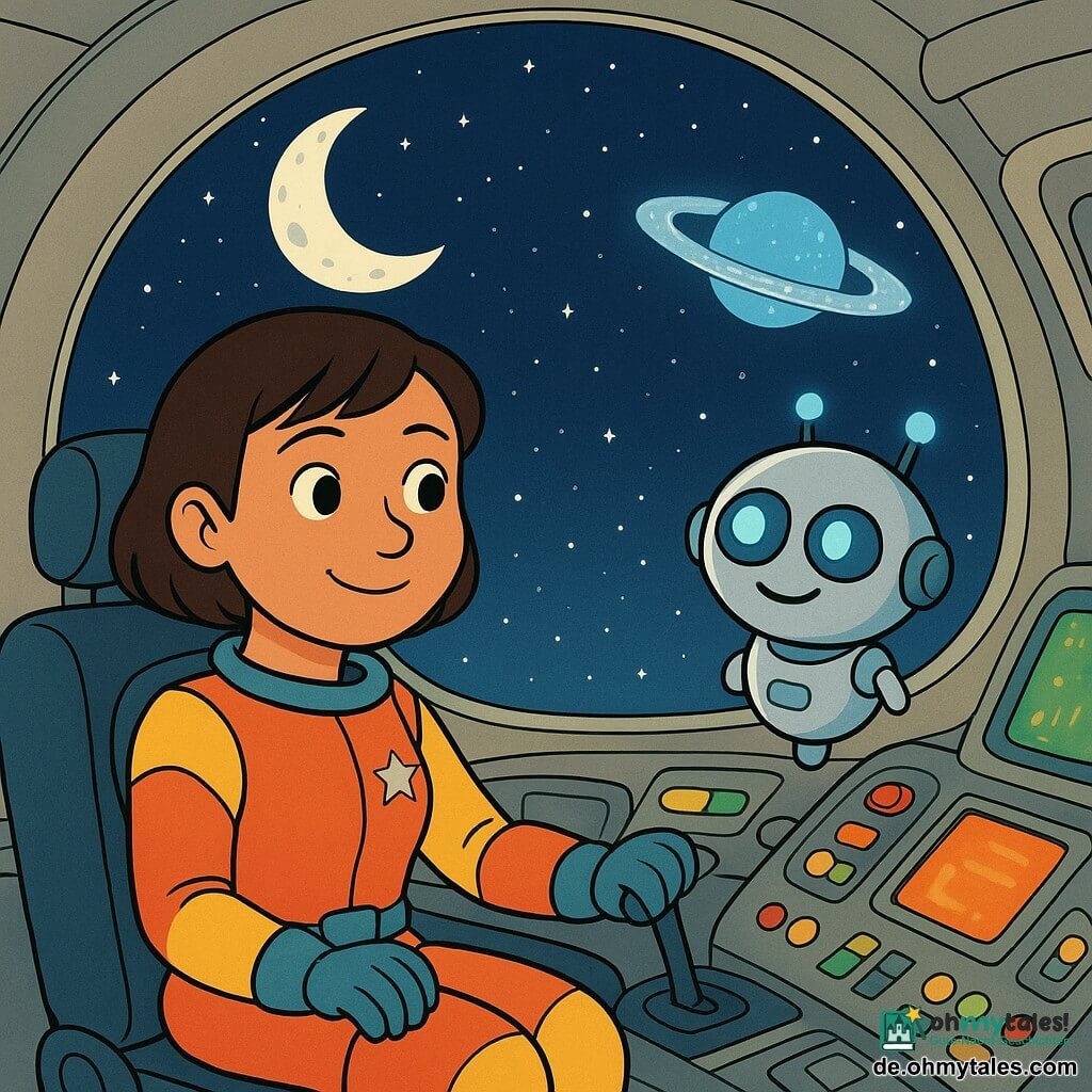 Eine Pilotin mit sanftem Gesicht, kurzem braunem Haar, beruhigendem Lächeln und leuchtenden Augen in einem bunten Raumanzug mit kleinem Sternlogo, angeschnallt im Cockpit und zieht an einem Hebel; rechts von ihr schwebt das kleine runde silberne Roboterchen Pip mit blauen Lichtern und freundlichem Ausdruck neben einem hellen Bildschirm; Innenraum eines gemütlichen kleinen Raumschiffs mit runden Paneelen, bunten Knöpfen und grünen sowie orangefarbenen Displays und einem großen runden Bullauge; draußen ein tiefer Sternenhimmel, eine nahe Mondsichel und ein glänzender Eisring; das Schiff hebt sanft ab bei weichem Licht, leichtem Dampf und ruhigen Instrumenten, friedliche und sichere Stimmung.