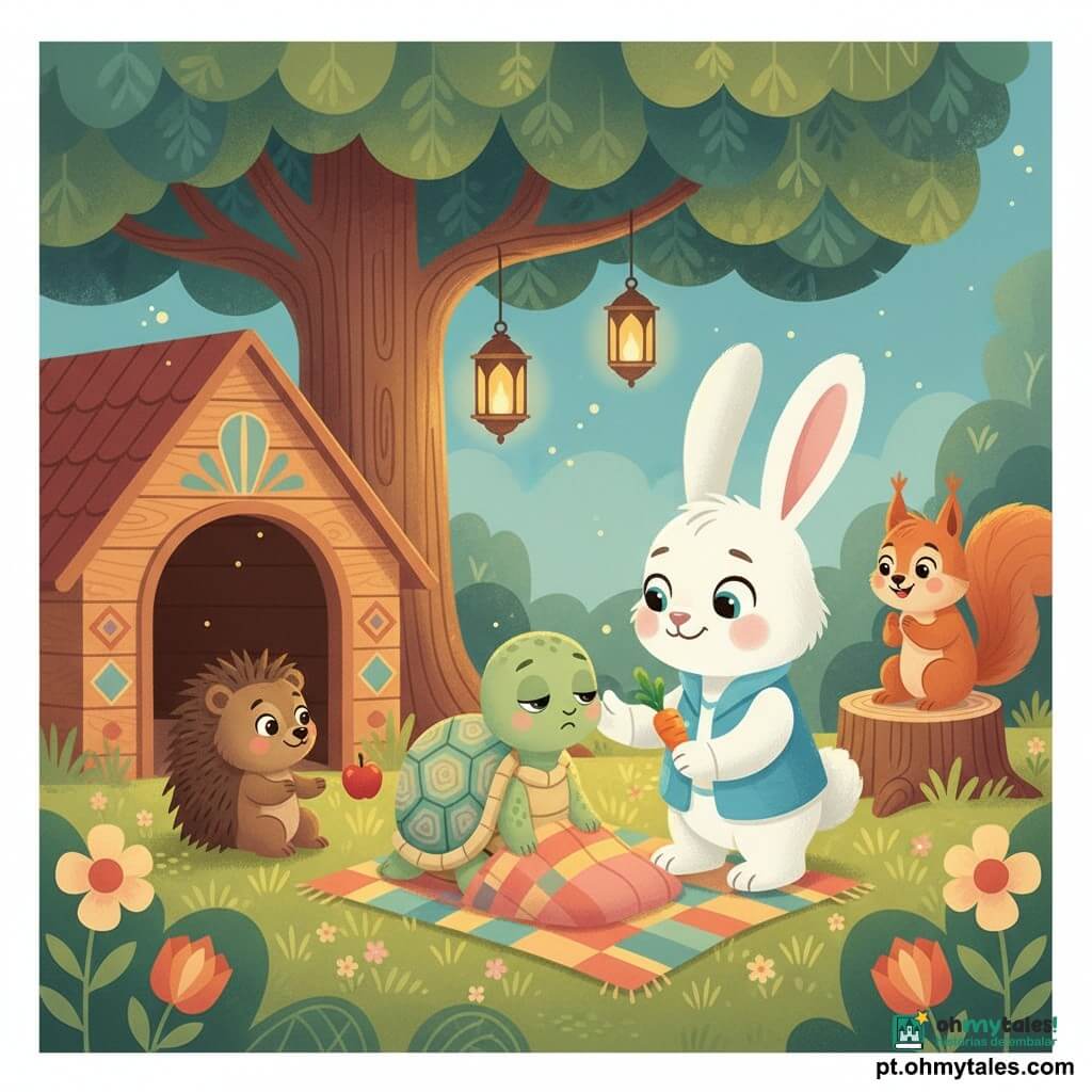 O protagonista é um jovem coelho branco chamado Tobias, rosto doce e olhar sereno, vestindo uma jaqueta azul-claro e segurando uma mini-cenoura enquanto ajuda gentilmente Nina, uma pequena tartaruga verde de casco em tons pastel, sentada numa manta colorida à entrada de uma toca de madeira; ao fundo, Mel, uma esquila ruiva, aplaude sentada num tronco e Dudu, um ouriço-marrom, empurra levemente uma maçã sorrindo; cena numa clareira ao crepúsculo com relva texturada, árvore de folhagem estilizada e lanternas douradas, atmosfera calma e acolhedora em cores suaves (azul, verde, laranja, dourado) com elementos art déco, transmitindo proteção, amizade e cuidado após um piquenique.