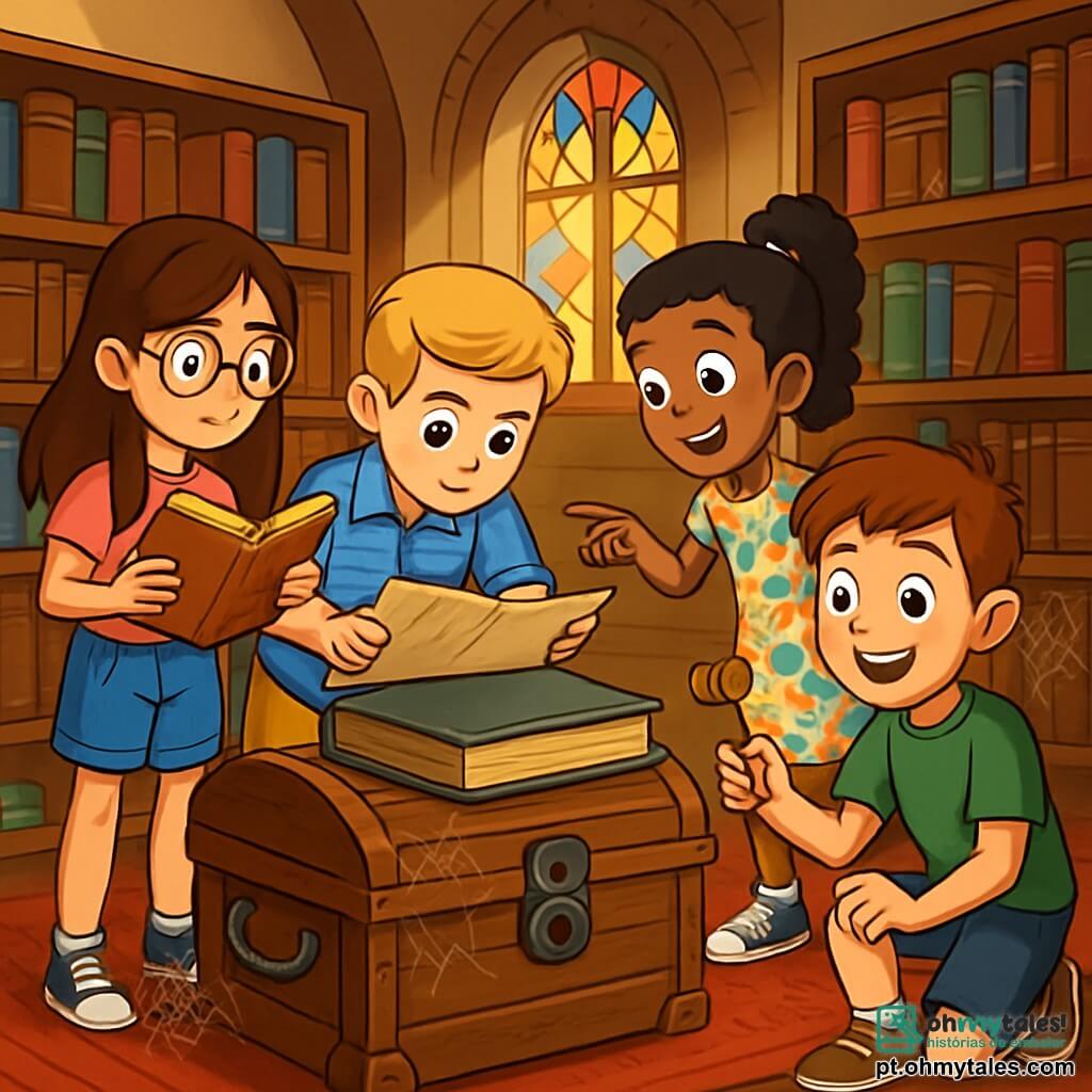 Há 4 crianças: - Helena: uma menina de 11 anos, com longos cabelos castanhos e óculos redondos. Ela usa uma camiseta rosa e um short de jeans, segurando um livro velho com um olhar curioso. - Pedro: um menino de 11 anos, com cabelos curtos e loiros. Ele veste uma camisa xadrez azul e uma calça bege, curvado sobre uma mesa, examinando um jornal antigo com uma expressão concentrada. - Sofia: uma menina de 11 anos, com cabelos cacheados e negros presos em um rabo de cavalo. Ela usa um vestido florido e tênis, de pé, apontando para um grande livro antigo, com os olhos brilhando de excitação. - Miguel: um menino de 11 anos, com cabelos castanhos e sardas. Ele veste uma camiseta verde e um short, agachado, segurando uma chave antiga na mão, com um sorriso triunfante. O local da cena principal é uma biblioteca antiga, com grandes estantes de madeira cheias de livros empoeirados. Raios de luz filtram-se pelas janelas com vitrais coloridos, iluminando cantos escuros e misteriosos. O chão é coberto por tapetes vermelhos, e teias de aranha decoram os cantos das paredes. A situação principal da história mostra os quatro amigos descobrindo um velho baú de madeira no porão da biblioteca, com expressões de surpresa e excitação em seus rostos, cercados por livros antigos e tesouros escondidos, prontos para resolver o mistério do cofre perdido.
