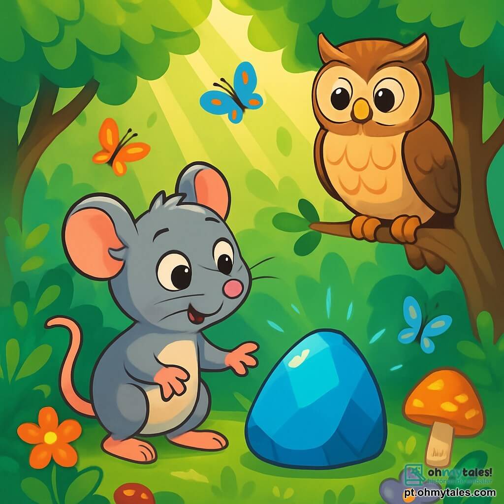 Rufus, um pequeno rato de pelagem cinza suave e olhos brilhantes de curiosidade, está diante de uma pedra azul brilhante, com as patas ligeiramente afastadas e uma expressão de admiração no rosto. Ao lado dele, uma coruja sábia de penas marrons e grandes olhos redondos, empoleirada em um galho, o observa com um olhar encorajador. A cena ocorre em uma floresta encantada, onde raios de sol filtram através da folhagem verdejante, iluminando flores coloridas e cogumelos de formas estranhas. Intrigado, Rufus estende a pata em direção à pedra, pronto para descobrir o segredo que ela guarda, enquanto borboletas multicoloridas dançam ao redor deles, acrescentando um toque de magia à atmosfera.
