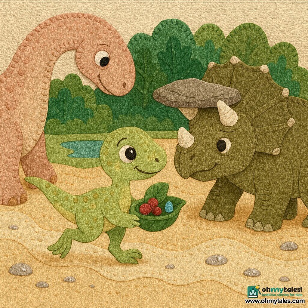 A small velociraptor named Riri, brave and slightly out of breath, with an expressive face, big shiny round eyes and a shy smile, short light-green plumage with pale-yellow spots, thin moving legs, holding a stitched leaf-bowl of berries with a drop of water; a large long-necked sauropod, gentle and kind, beige-pink textured skin with felt-like patterns, leaning left to offer the leaf-bowl with a tender calm gaze; a stocky friendly triceratops on the right, white felt horns and khaki skin, placing a flat stone over Riri's head like an umbrella in a protective pose; setting: edge of a desert with undulating pale-sand fabric dunes and visible stitching, small shiny stones in silver appliqué, a distant felt treeline and a small muddy shiny pond; scene: Riri crosses the desert step by step helped by his dinosaur friends, warm safe atmosphere showing cooperation, soft colors and felt/thread textures, simple readable composition for a 4-year-old.