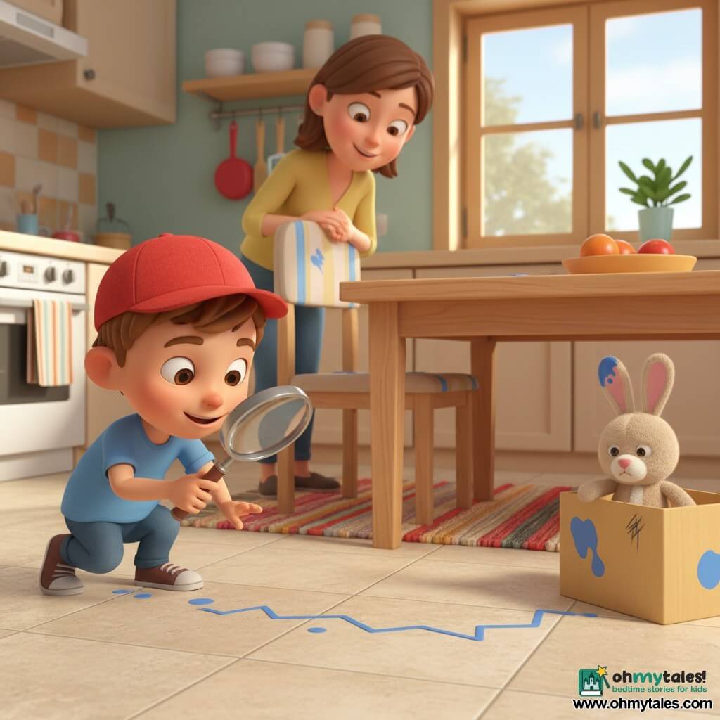 A concentrated, joyful 4-year-old boy named Sammy wears a small red hat and holds a shiny magnifying glass in his right hand, crouched following small blue paint drops on a beige tiled floor; a soft-smiling mother stands behind him near a striped wooden kitchen chair watching gratefully; a small stuffed rabbit with blue paint on one ear peeks partly out of an open toy box, and the chair shows a visible scratch and blue splashes; the blue drops form a zigzag trail toward the toy box; the bright, warm kitchen has a wooden table, a colorful woven rug and a window with soft light; main scene: Sammy the detective follows the blue drops toward the toy box, magnifying glass raised, red hat tilted, ready to solve the mystery; visual style: smooth textures, crisp cel-shading outlines, vivid contrasting colors, readable facial expressions and simple silhouettes suitable for a 4-year-old.