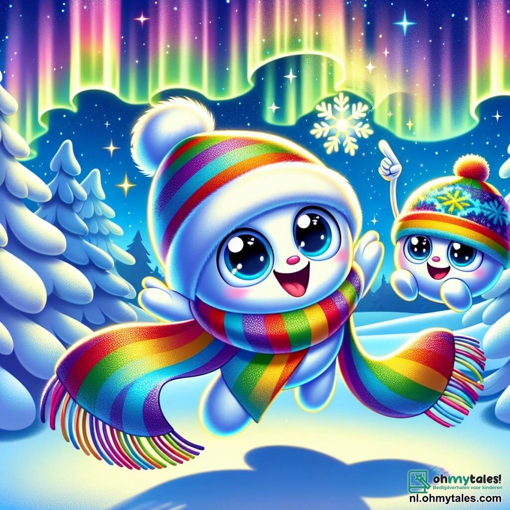 Een hoofdpersonage met een kleurrijke sjaal met regenboogstrepen zweeft vrolijk in de lucht, met uiteinden die als vleugels wervelen en een grote glimlach van opwinding. Naast hem zit een blije muts met sneeuwvlokpatronen op zijn hoofd, met sprankelende ogen van nieuwsgierigheid en geluk, die naar de sterrenhemel wijst. De achtergrond is een besneeuwde open plek, verlicht door het magische licht van het noorderlicht, waar glinsterende sneeuwvlokken zachtjes vallen. De omringende bomen zijn bedekt met een dikke laag sneeuw, en kleurrijke schaduwen dansen op de witte grond, wat een feeërieke sfeer creëert. De situatie toont het hoofdpersonage en zijn vriend die de schoonheid van de winternacht ontdekken, verwonderd door de dansende lichten in de lucht, klaar om samen een magisch avontuur te beleven.