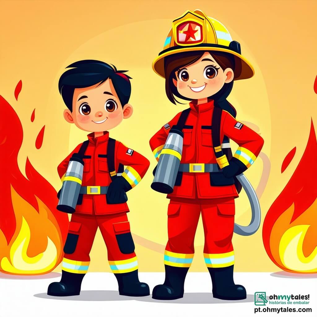 Uma mulher bombeira, a Tenente Sofia, se destaca em primeiro plano, com um olhar determinado e um sorriso caloroso. Ela usa um uniforme vermelho vivo, um capacete amarelo brilhante e botas pretas robustas. Seus cabelos castanhos estão presos em um rabo de cavalo, e ela segura uma mangueira de bombeiro, pronta para combater o fogo. Ao seu lado, um garoto de doze anos, Miguel, com cabelos negros e óculos redondos, a observa com admiração. Ele usa uma camiseta azul e um short, segurando um desenho colorido de um caminhão de bombeiros, com os olhos arregalados de curiosidade. Ao fundo, um edifício residencial em chamas se ergue, com nuvens de fumaça negra saindo das janelas. Vizinhos preocupados observam a cena à distância, com expressões de medo e esperança. A situação principal mostra Sofia salvando um homem idoso que está saindo de um apartamento em chamas, enquanto Miguel observa fascinado, pronto para aprender a se tornar um herói como ela.