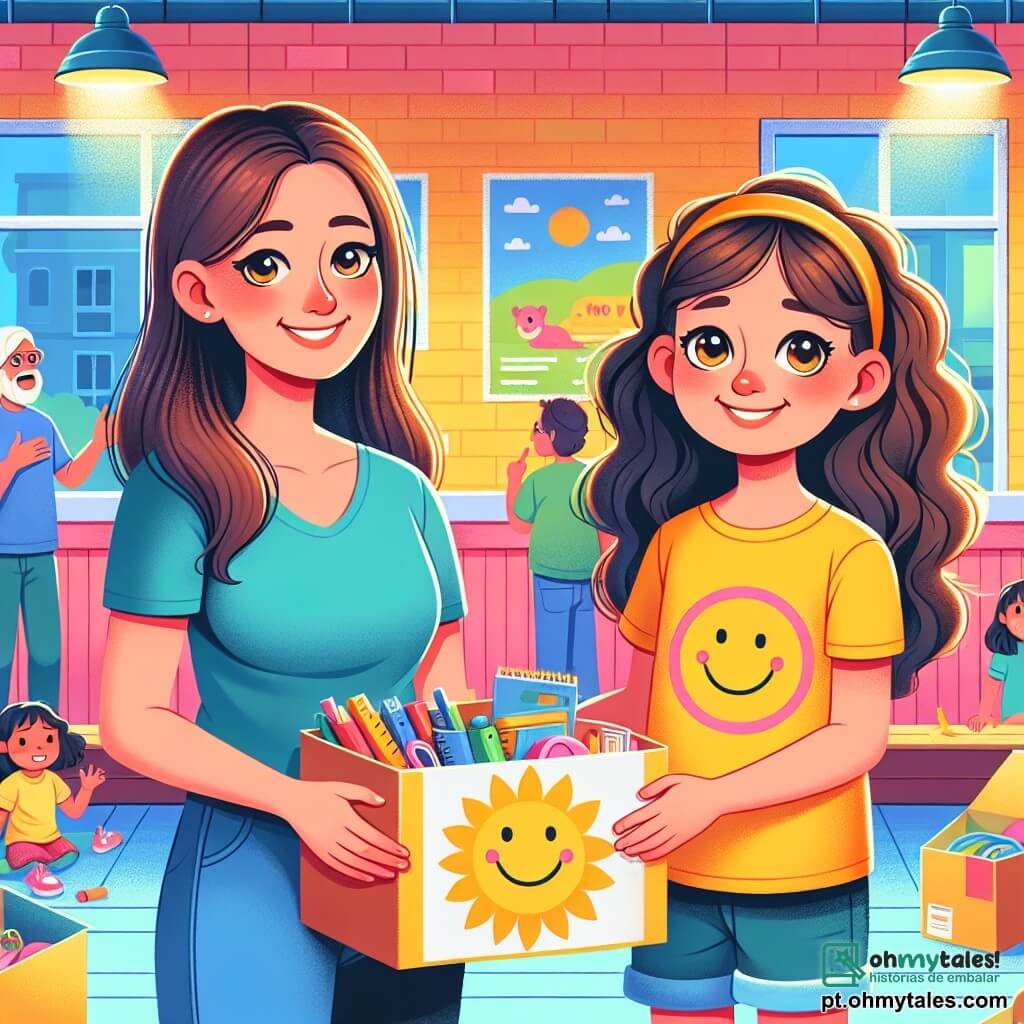 No centro da imagem, uma menina de 10 anos, Mia, está com um grande sorriso no rosto. Ela tem cabelos castanhos e cacheados, vestindo uma camisa amarela com um sol sorridente e um short de jeans. Seus olhos brilham de empolgação enquanto segura uma caixa cheia de materiais escolares, pronta para doá-los. Ao lado dela, sua mãe, uma mulher de cerca de trinta anos, tem cabelos longos e lisos presos em um rabo de cavalo. Ela usa uma camiseta azul e calças confortáveis, sorrindo orgulhosamente ao olhar para a filha. Ela segura outra caixa cheia de brinquedos para doar. Ao fundo, um centro comunitário acolhedor, com paredes pintadas em cores vibrantes, crianças brincando e adultos conversando. A cena mostra Mia e sua mãe entregando as caixas de doações a crianças do centro, que as observam com olhos brilhantes de esperança e gratidão. A atmosfera é alegre e solidária, cheia de sorrisos e amizade.