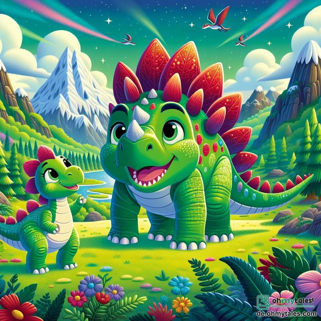 Ein junger Stegosaurus namens Stern, mit glänzenden, bunten Platten auf seinem Rücken, steht mutig im Mittelpunkt des Bildes. Seine Platten funkeln in Rot, Grün und Blau, und sein Gesichtsausdruck zeigt fröhliche Entschlossenheit. Neben ihm schaut seine kleine Schwester Luna, ein Stegosaurus mit funkelnden Augen und breitem Lächeln, bewundernd zu ihm auf. Sie hat grüne Schuppen und kleine rosa Platten, die in der Sonne glänzen. Im Hintergrund sieht man ihren Vater, einen großen Stegosaurus namens Mino, der schützend dasteht, mit stolzer Haltung und frischen Blättern im Maul. Die Szenerie ist ein grünes Tal, umgeben von majestätischen Bergen mit schneebedeckten Gipfeln, mit üppigen Bäumen und bunten Blumen, die im Wind tanzen. Die Hauptsituation zeigt Stern und seine Familie vereint, konfrontiert mit geheimnisvollen Schatten, die sich nähern, was Velociraptoren darstellt. Die Atmosphäre ist sowohl angespannt als auch mutig, mit einem klaren blauen Himmel und flauschigen Wolken, die dieser Abenteuerszene eine sanfte Note verleihen.