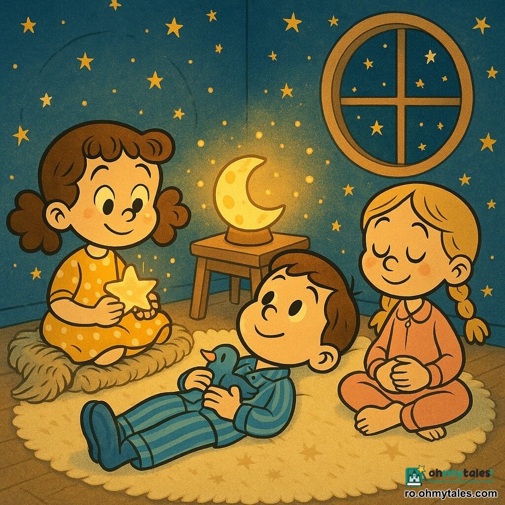 Trei copii într-o cameră nocturnă cosy: o fată de ~6 ani cu păr castaniu buclat prins în coadă, rochie galbenă cu buline albe, șezând în stânga pe o pătură de lână și ținând o lampă- stea; un băiat de ~7 ani cu păr scurt șaten, pijama albastră cu dungi, culcat pe spate în centru cu o jucărie pasăre albastră la piept; o fetiță de ~5 ani cu păr blond în codițe, pijama roz, în dreapta cu picioarele încrucișate ținându-și mâinile pe burtă. Camera are pereți bleu înstelat, un covor crem pufos, o fereastră rotundă spre cer înstelat și o lampă-proiector în formă de lună pe o măsuță deschisă care creează un cocon de lumină aurie; atmosfera e caldă și senină, fețele copiiilor reflectate în lumina moale, cu bule și motive stelate plutind în jur, culori pastel și contraste line.