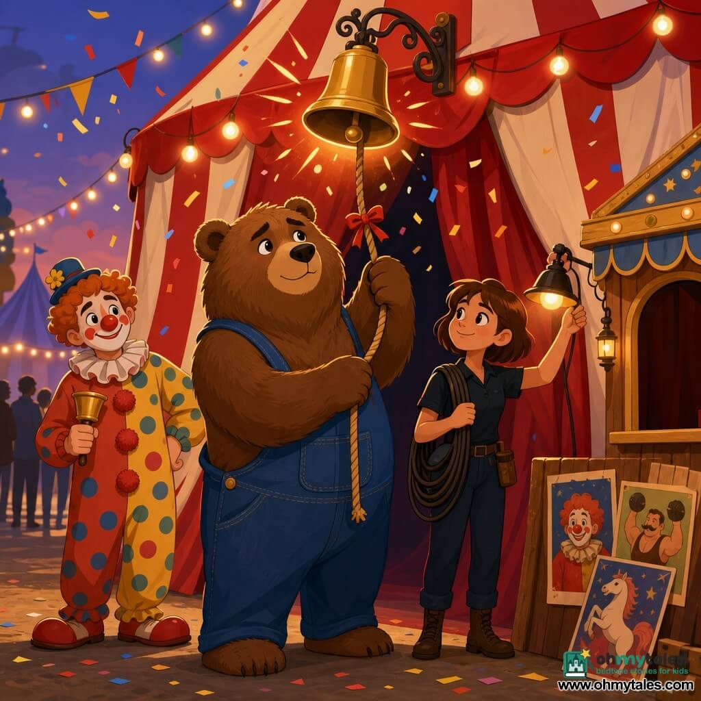 A large anthropomorphic brown bear (realistic-stylized, teddy-like) with a proud, slightly moved expression, round eyes and gentle brows, wearing simple blue overalls, pulls a rope with a small ribbon to ring a golden bell above a red-and-white striped big-top entrance; a young female technician with a coiled cable on her shoulder, short hair and a focused, kind face stands just behind the bear on the right adjusting a small lamp; a mischievous, relieved clown with painted cheeks, a polka-dot costume and a small bell stands slightly back left smiling at the bear; a colorful poster on a wooden crate, string lights, a wooden ticket booth with an open window and blurred spectator silhouettes fill the background; warm pre-show moment with confetti and a golden glow around the bell as the characters exchange a knowing glance and the bell gives a bright ding.