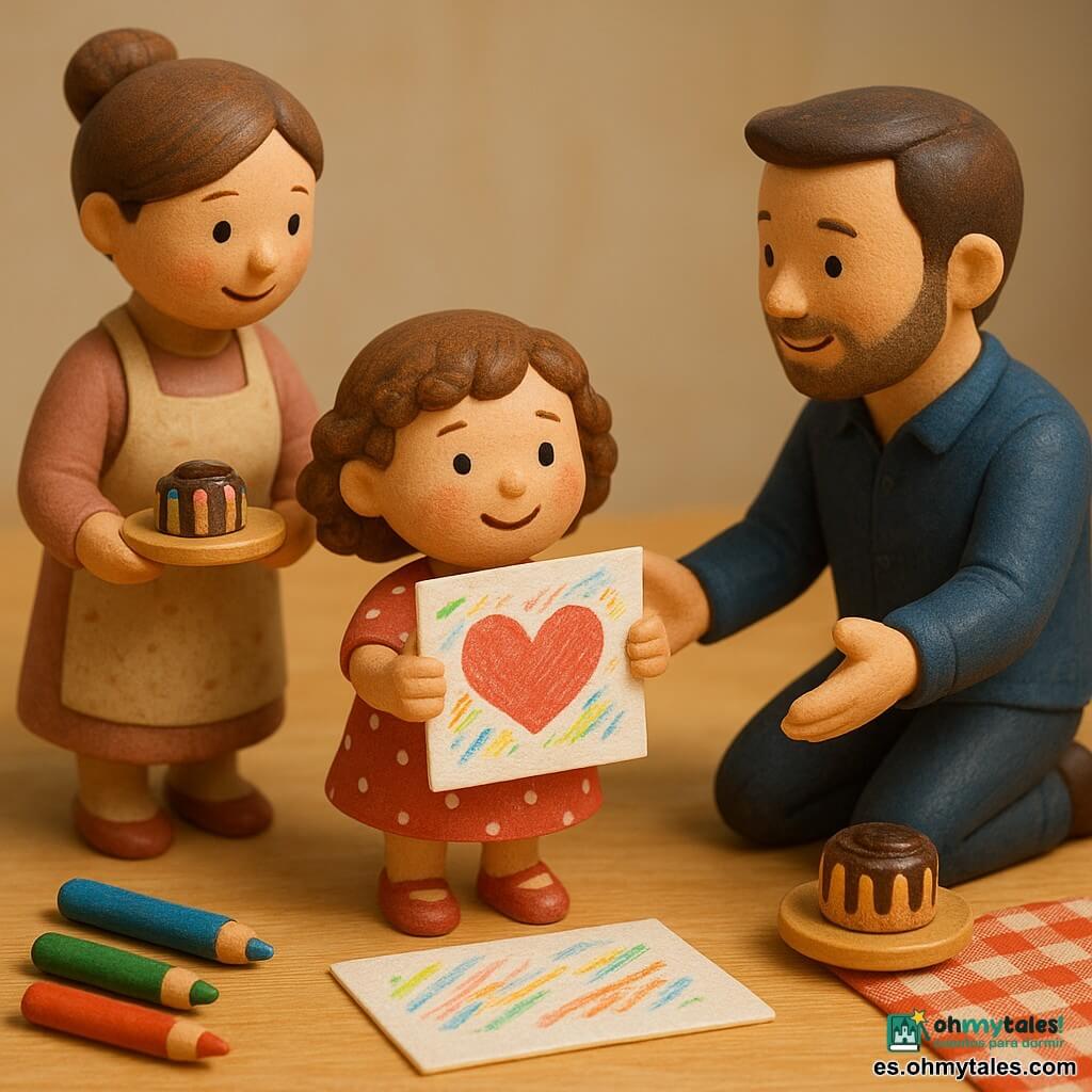 Niña de 4 años de rostro redondo y mejillas sonrosadas, pelo rizado castaño, vestida con vestido rojo de lunares blancos y zapatitos rojos, sonriente y orgullosa sosteniendo un dibujo grande con un corazón rojo y letras multicolores; padre de unos 35 años arrodillado a su derecha, de figura alta y ropa azul marino informal, sonrisa dulce y brazos abiertos para abrazarla; madre de unos 33 años detrás de la mesa a la izquierda, con el pelo recogido y un delantal beige con manchas de harina, trayendo un plato con un pequeño pastel decorado con chocolate y rayas de colores; escena sobre una mesa de madera clara con un diorama de juguetes de madera (lápices de colores, hoja de dibujo, cuenco pequeño de harina, hornito de juguete) y un mantel a cuadros rojos y blancos; la niña entrega su dibujo y poema al papá mientras la madre trae el pastel, ambiente cálido de mañana, colores vivos y gestos afectuosos.