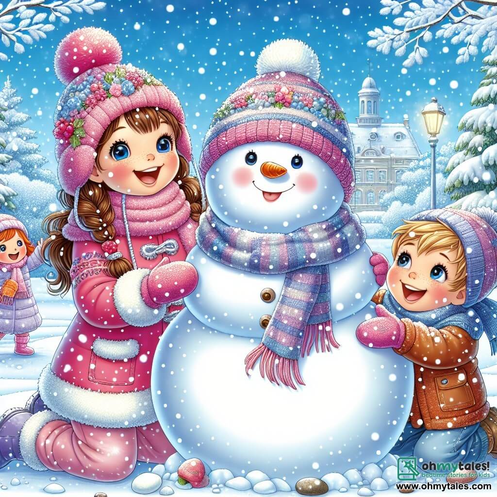 A 9-year-old girl, Mia, with long brown hair and rosy cheeks, wears a bright pink coat and a pom-pom hat. She smiles in wonder, her eyes sparkling with joy, as she builds a large snowman in a snowy park. Next to her, her friend Jack, a 10-year-old boy with blonde hair and round glasses, rolls a big snowball, laughing enthusiastically. A little further away, Lily, a 9-year-old girl with brown hair in braids, adds details to the snowman, placing a carrot for the nose and pebbles for the eyes. The park is a true winter landscape, with trees covered in sparkling snow, flakes gently falling from the light blue sky, and children playing in the background. The main scene shows Mia and her friends united in the joy of creating together, surrounded by the magic of winter, with their snowman coming to life under their hands.